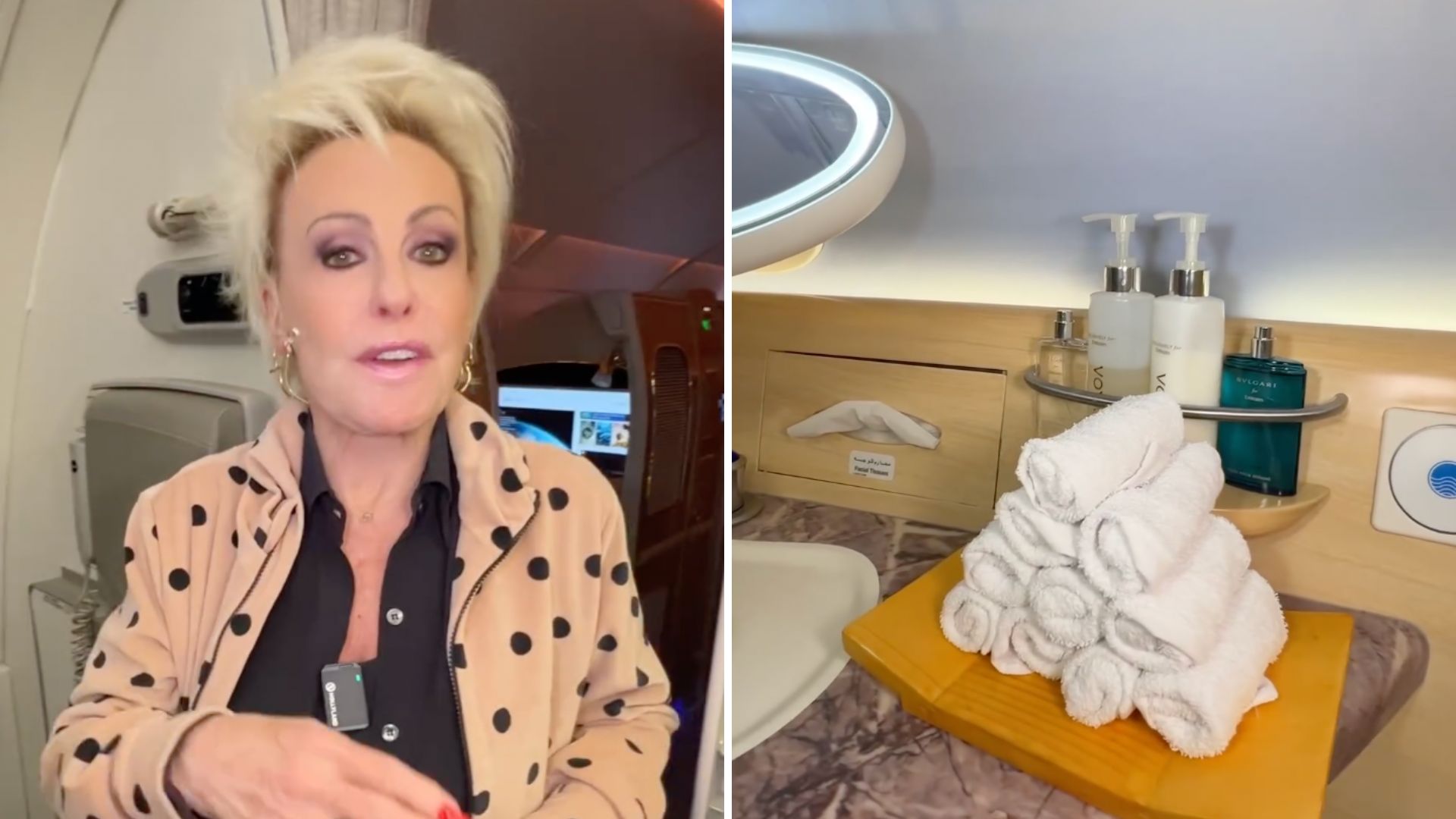 Chuveiro, bar e cosméticos de luxo: os detalhes do voo de Ana Maria Braga para Dubai
