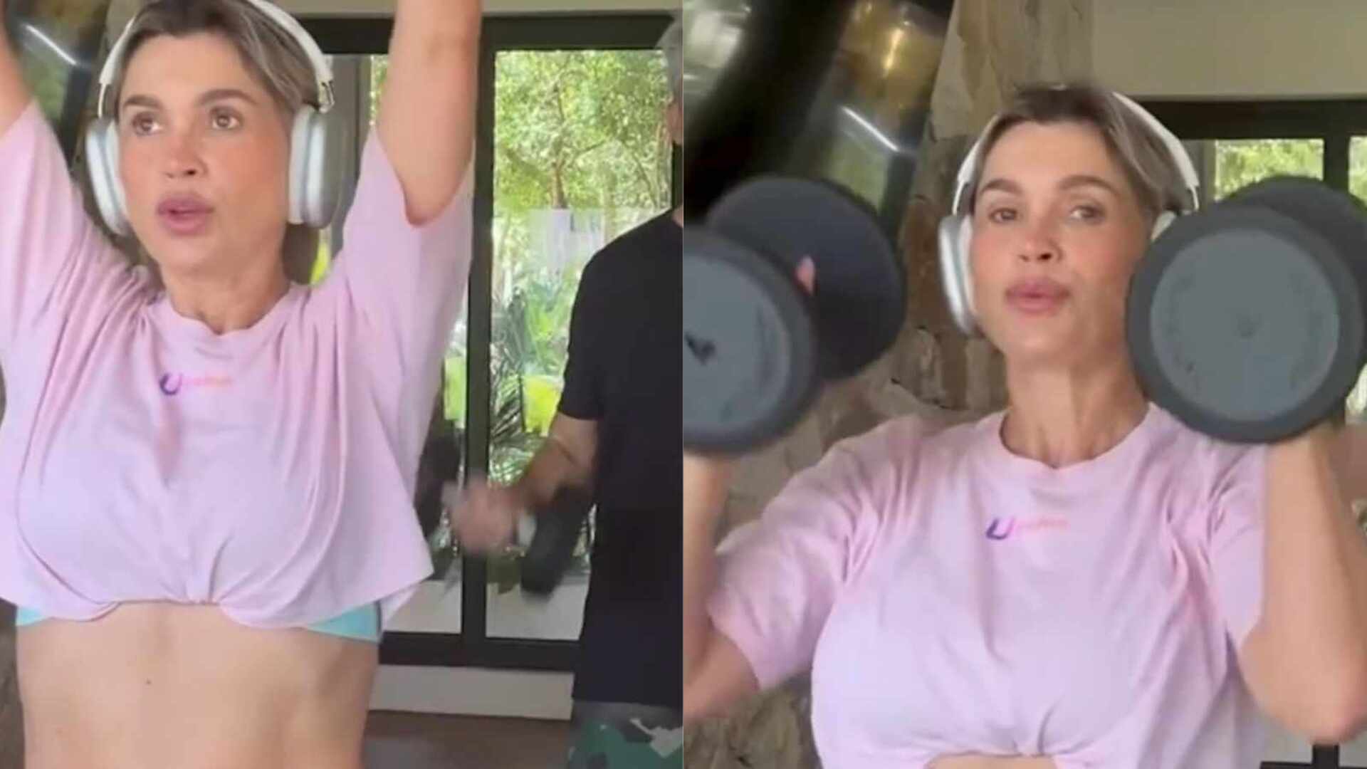 Flávia Alessandra exibe corpo torneado em treino e choca: ‘Dando banho nas de 20’