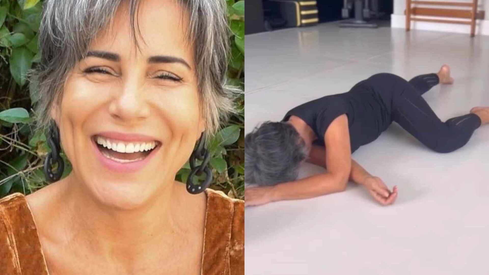 Gloria Pires chama a atenção ao surgir fazendo exercícios no chão