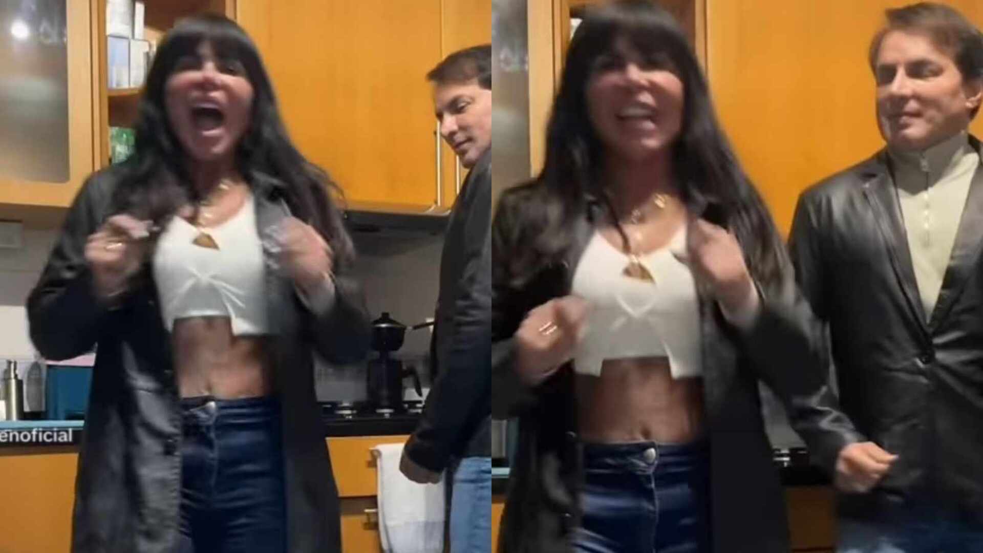 Gretchen chama a atenção ao exibir toda a barriga em look de sair