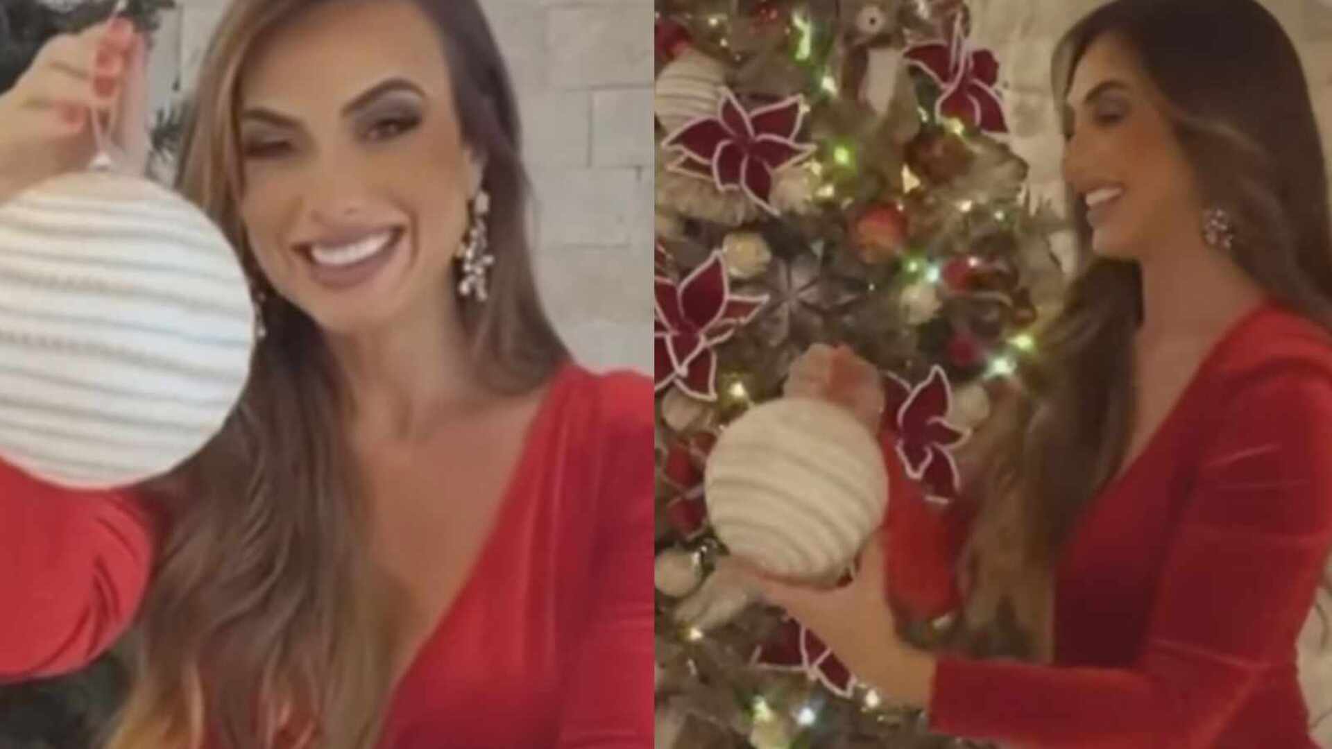Luxuosa, Nicole Bahls monta árvore de Natal imponente