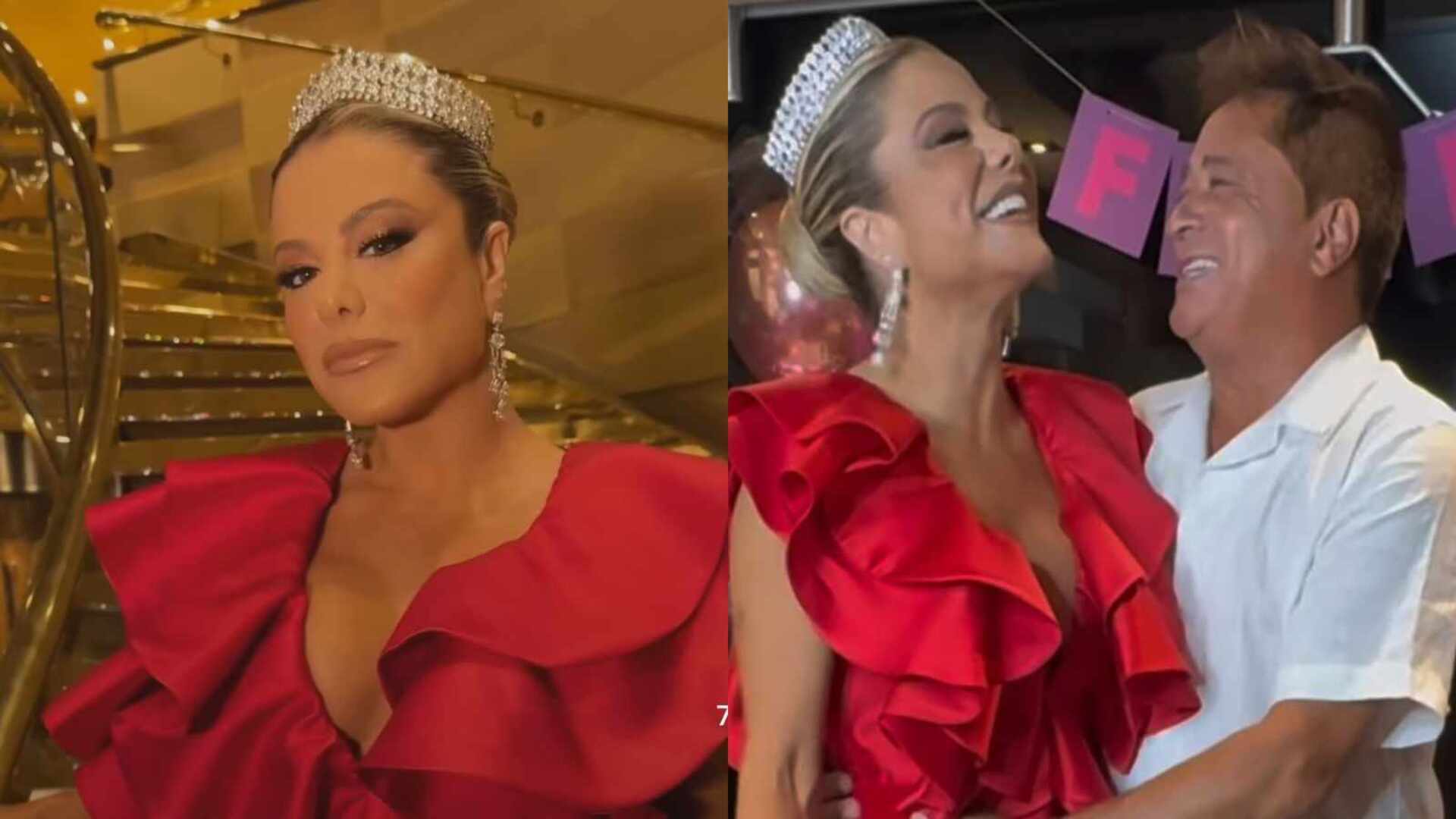 Com coroa na cabeça, Poliana Rocha comemora seu aniversário em navio