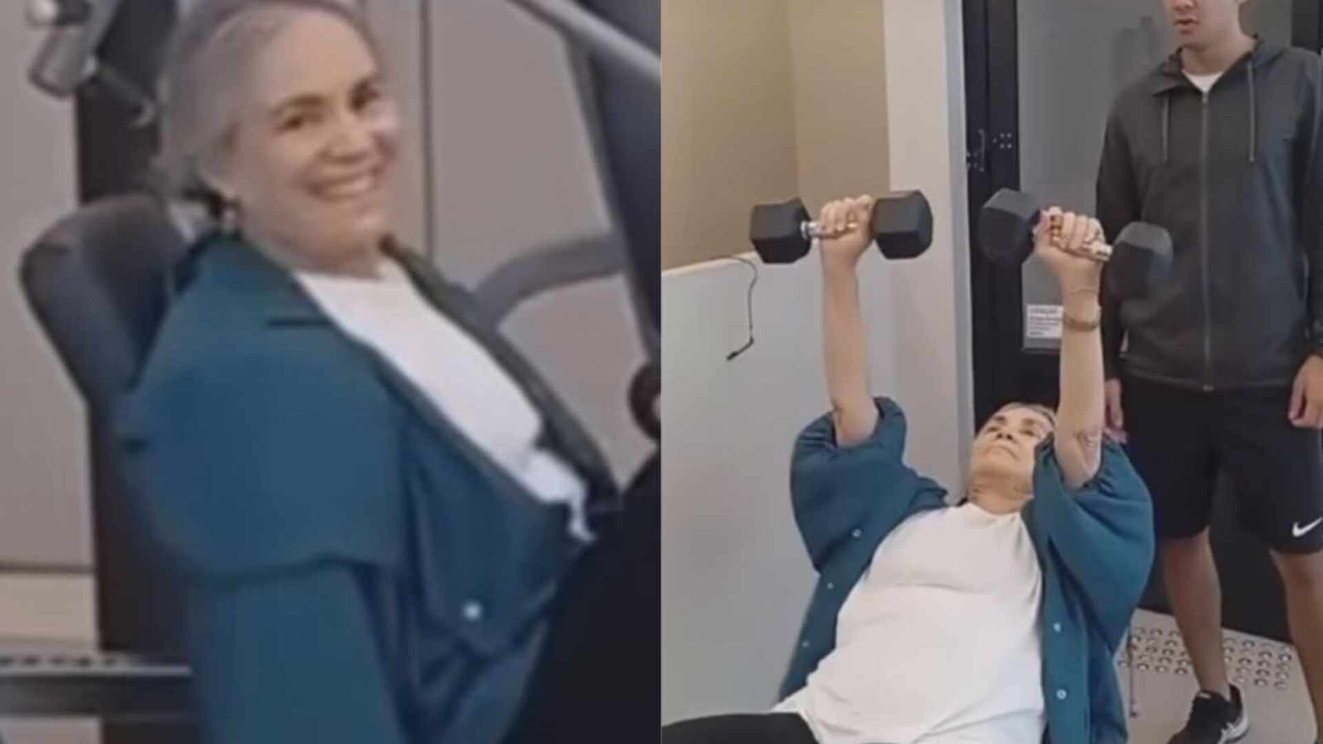 Aos 76 anos, Regina Duarte esbanja boa forma na academia: ‘Cuidando da cabeça’