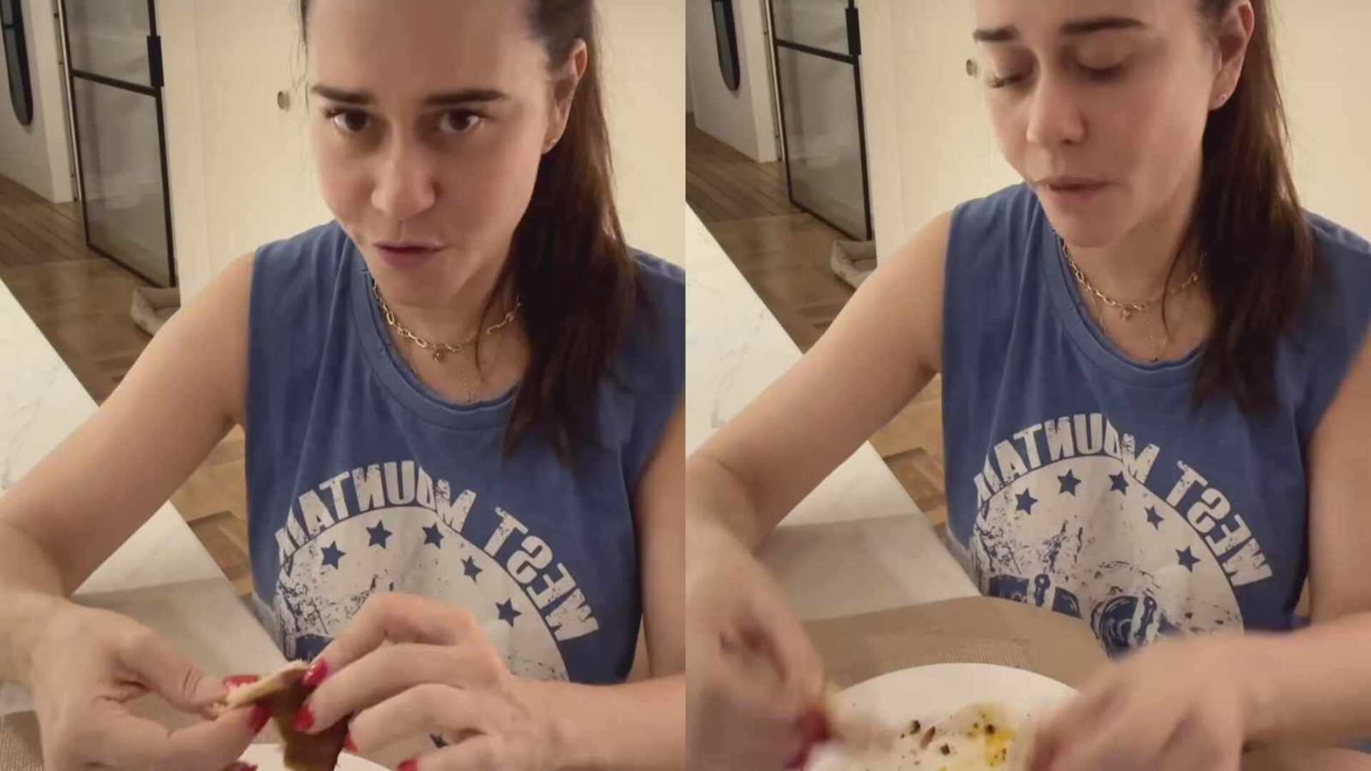 Alessandra Negrini esbanja beleza natural ao comer pão com ovo: ‘Casa comigo’