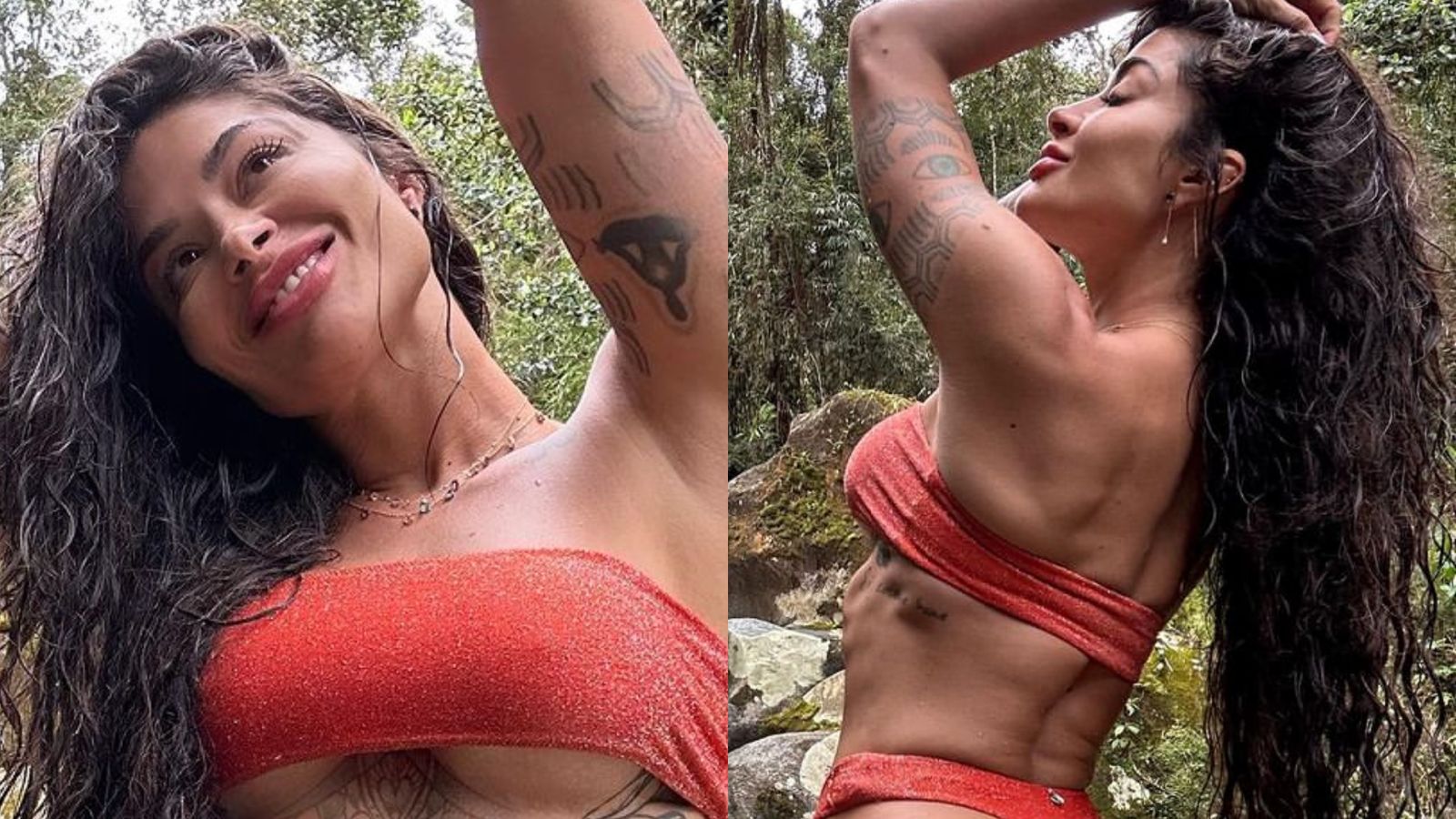Aline Campos renova as energias com banho de cachoeira: ‘Potência’