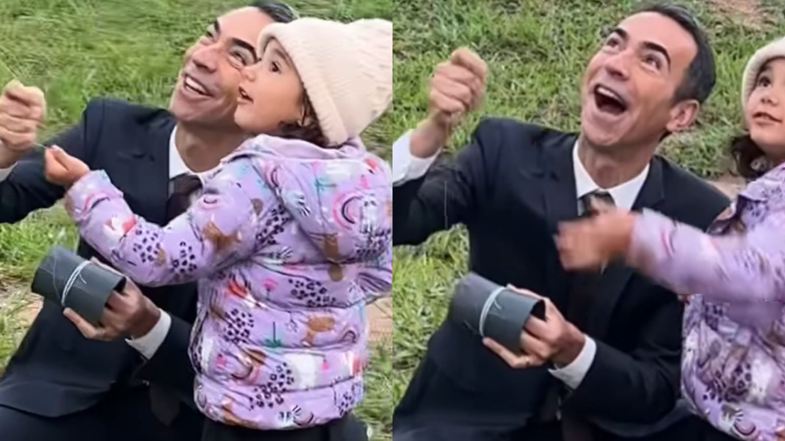 Cesar Tralli mostra seu lado ‘paizão’ ao brincar com a filha de paletó após o trabalho