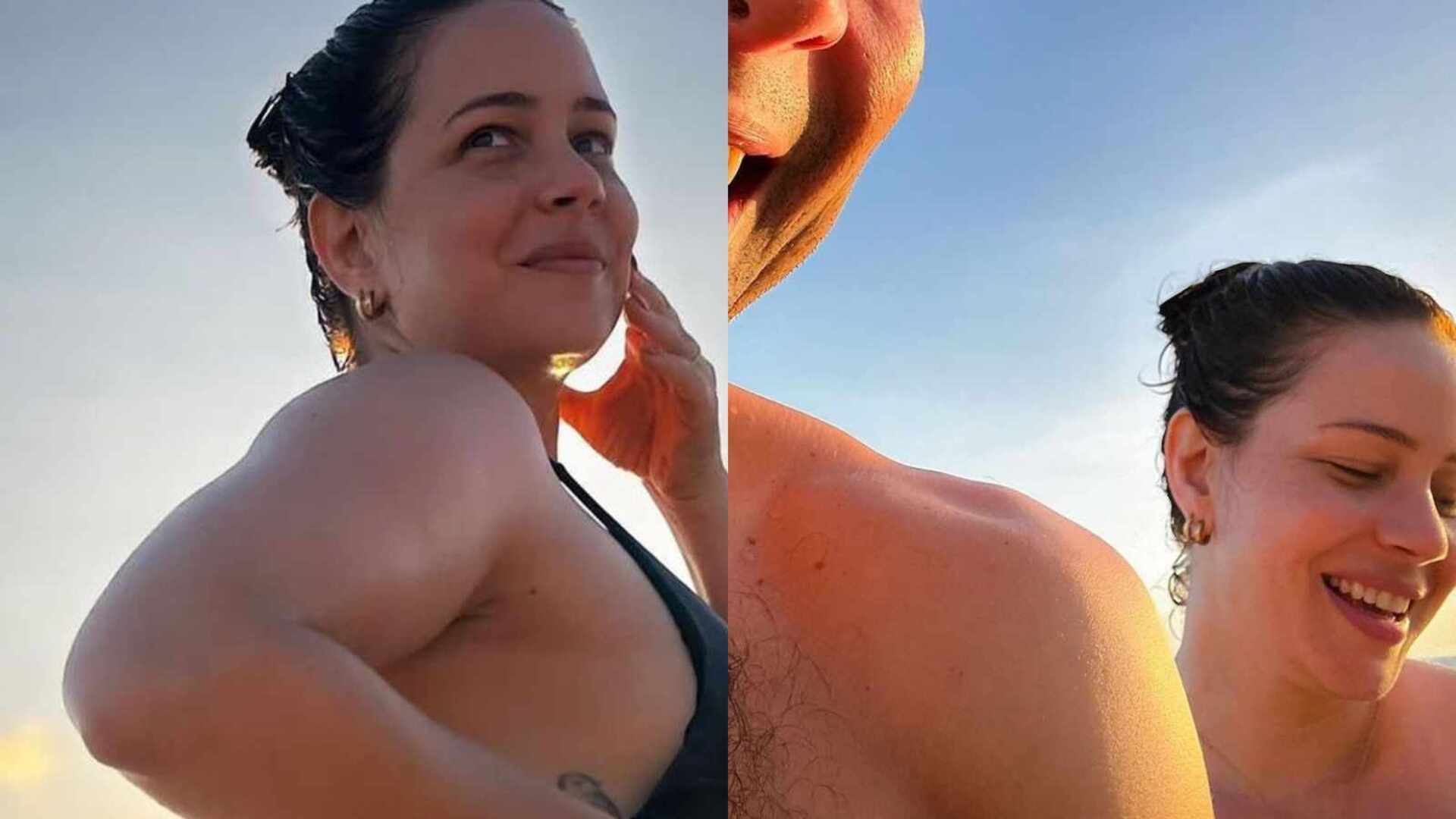 Com o marido, Leandra Leal dá show de beleza natural na praia: ”Gata”