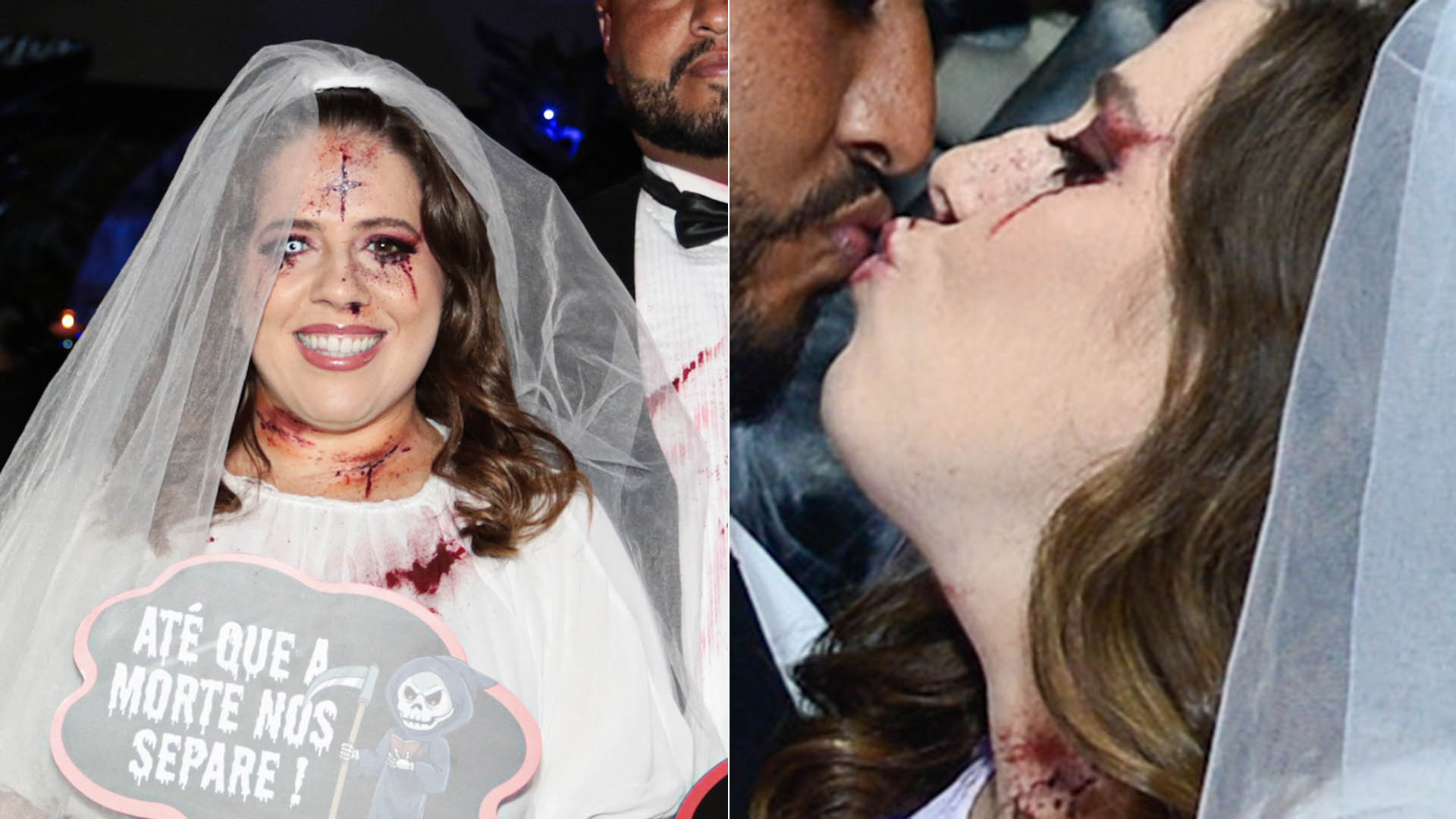 Tati Machado e o marido trocam beijos e usam fantasias combinando em festa
