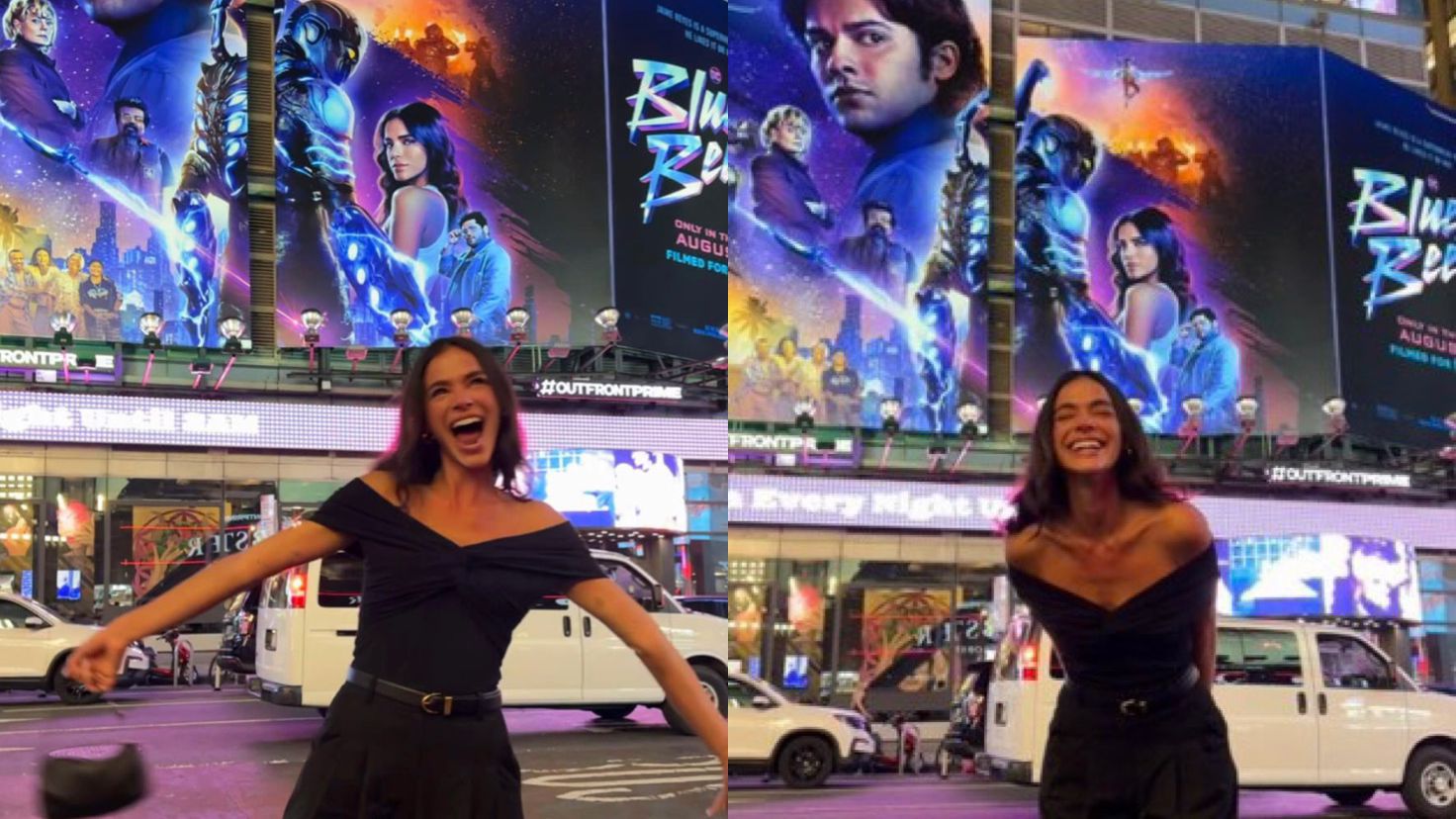 Bruna Marquezine se emociona com painel de ‘Besouro Azul’ em Nova York