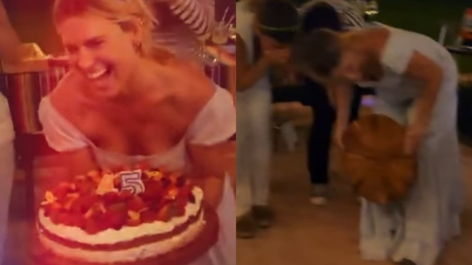 Carolina Dieckmann derruba bolo ao comemorar aniversário com os amigos