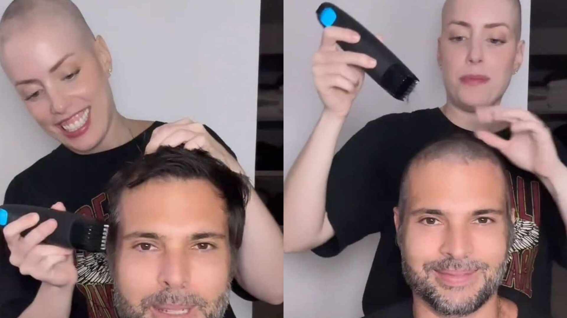Após ficar careca, Fabiana Justus raspa o cabelo do marido com as filhas