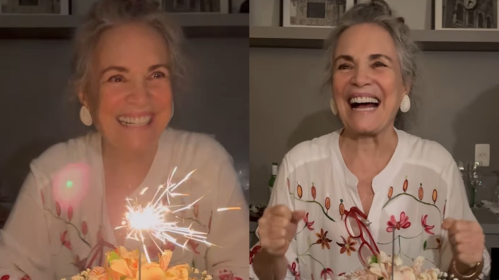 Regina Duarte celebra aniversário de 77 anos em festinha com a família