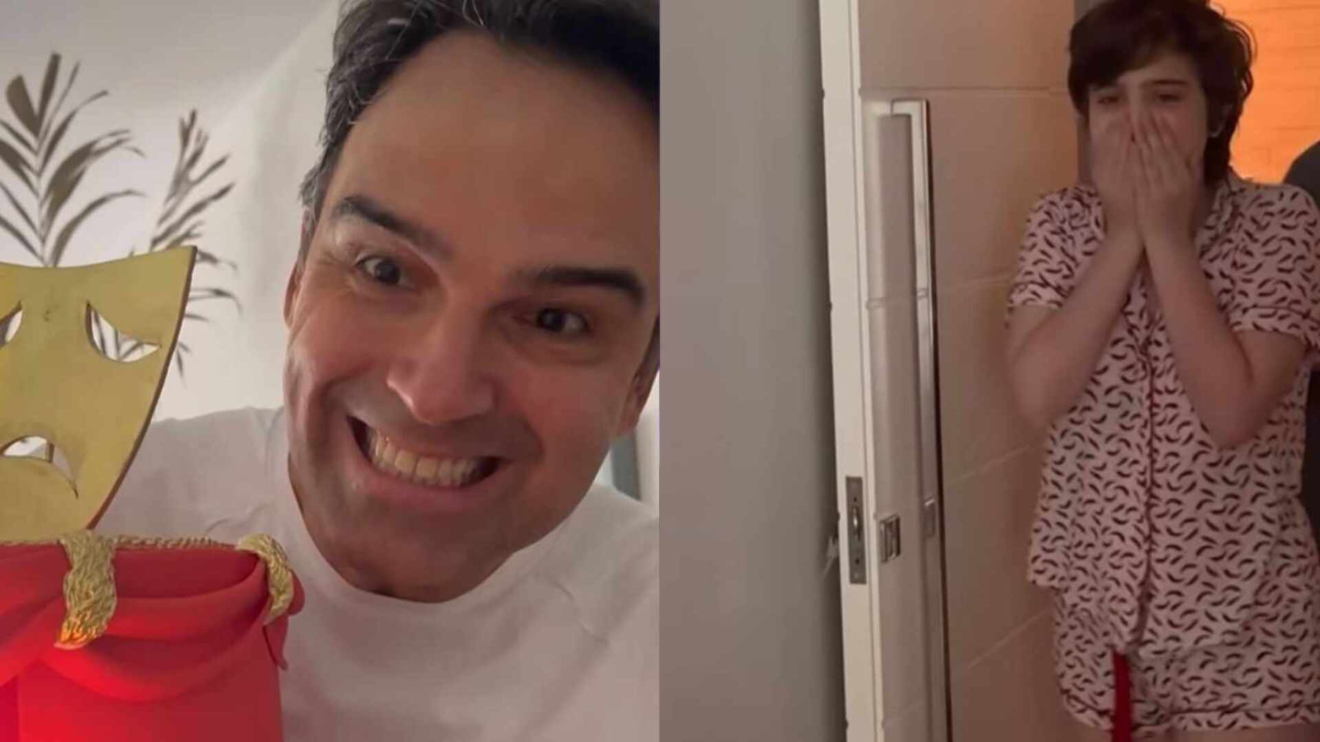 Tadeu Schmidt dá pausa no BBB e choca filha com bolo teatral: ‘Merece’