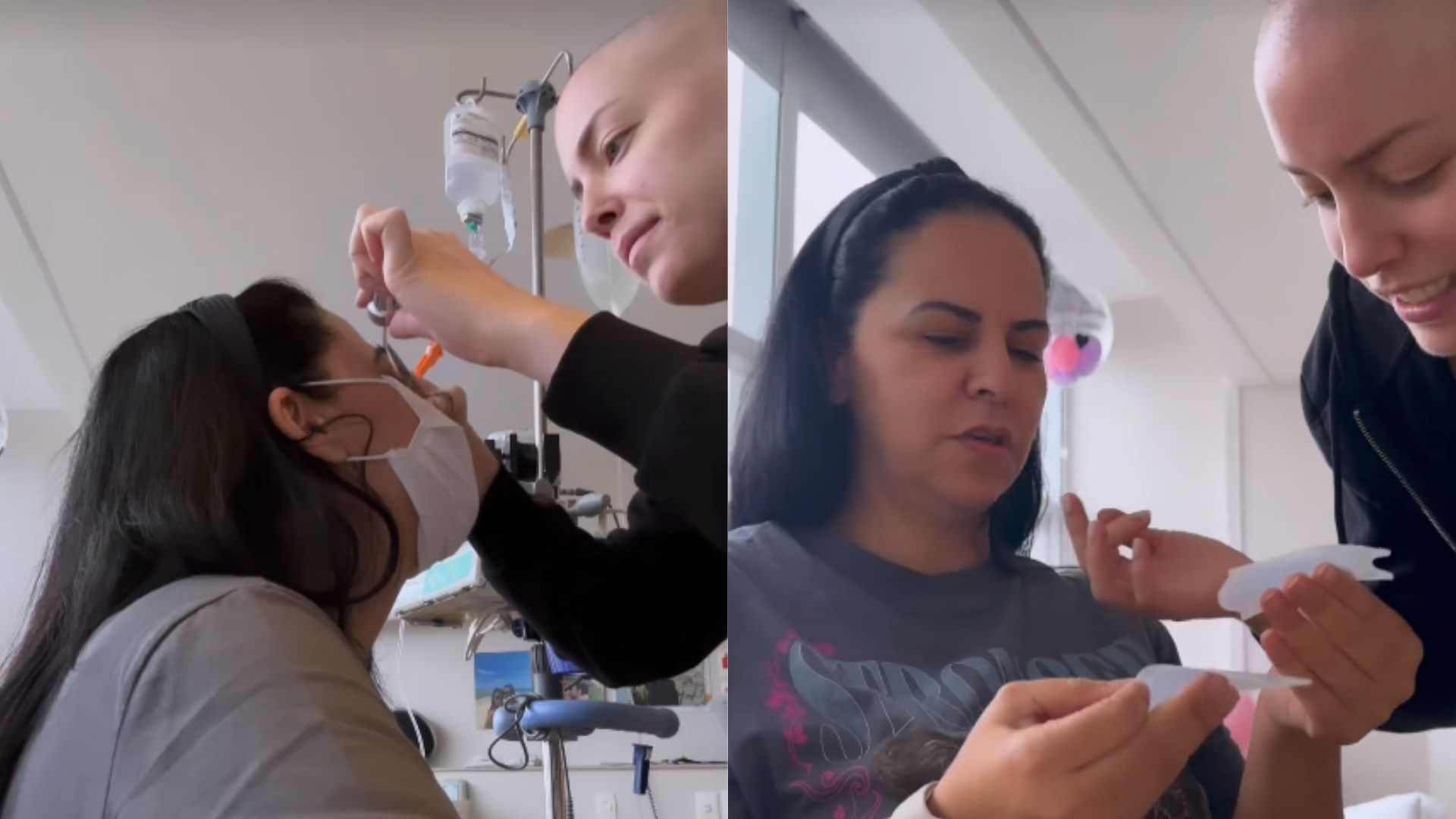 Fabiana Justus se diverte ao improvisar salão de beleza em hospital