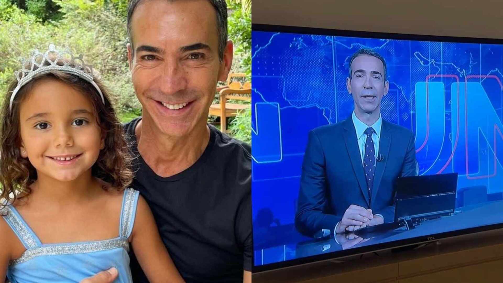 Filha de César Tralli reage ao ver o pai apresentando o ‘Jornal Nacional’