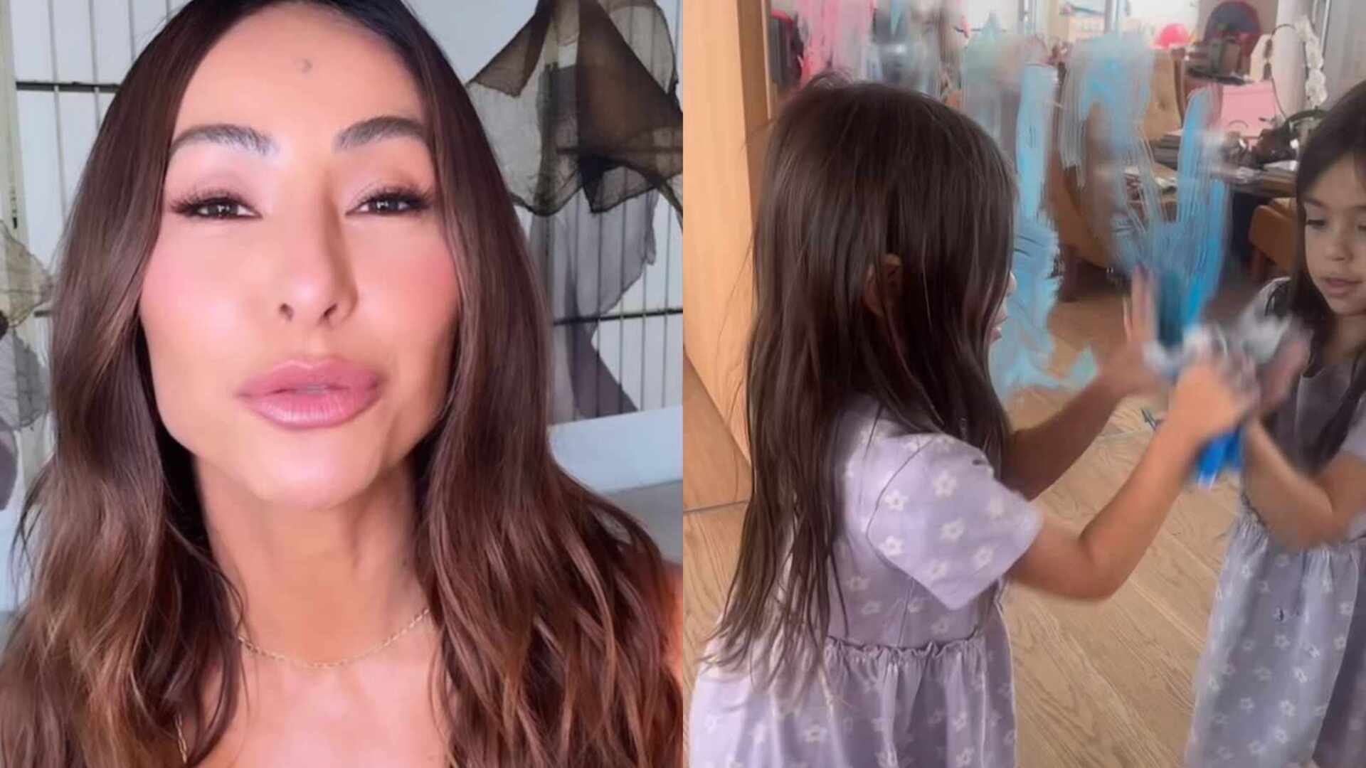 Sabrina Sato mostra a filha limpando ‘arte’ no espelho da sala