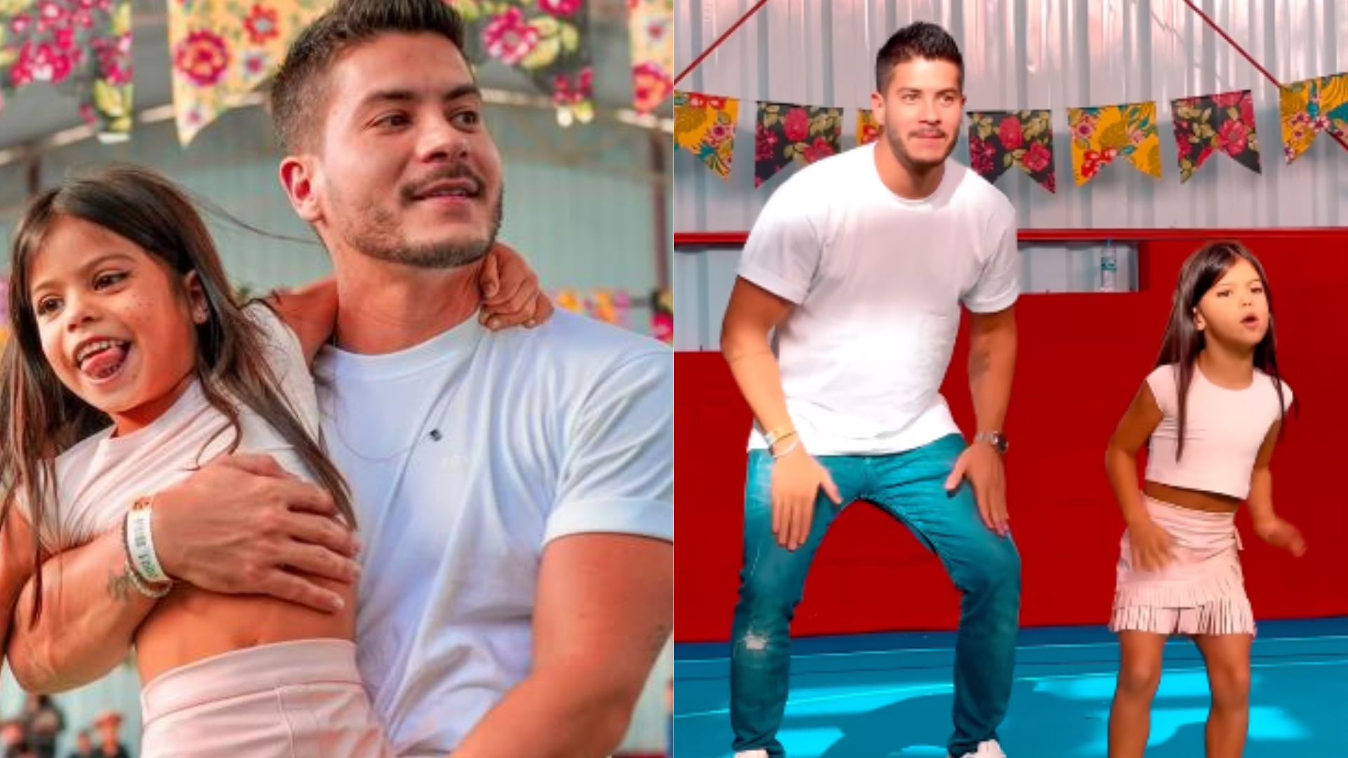 Arthur Aguiar encanta ao dançar com a filha, Sophia, em festa junina escolar