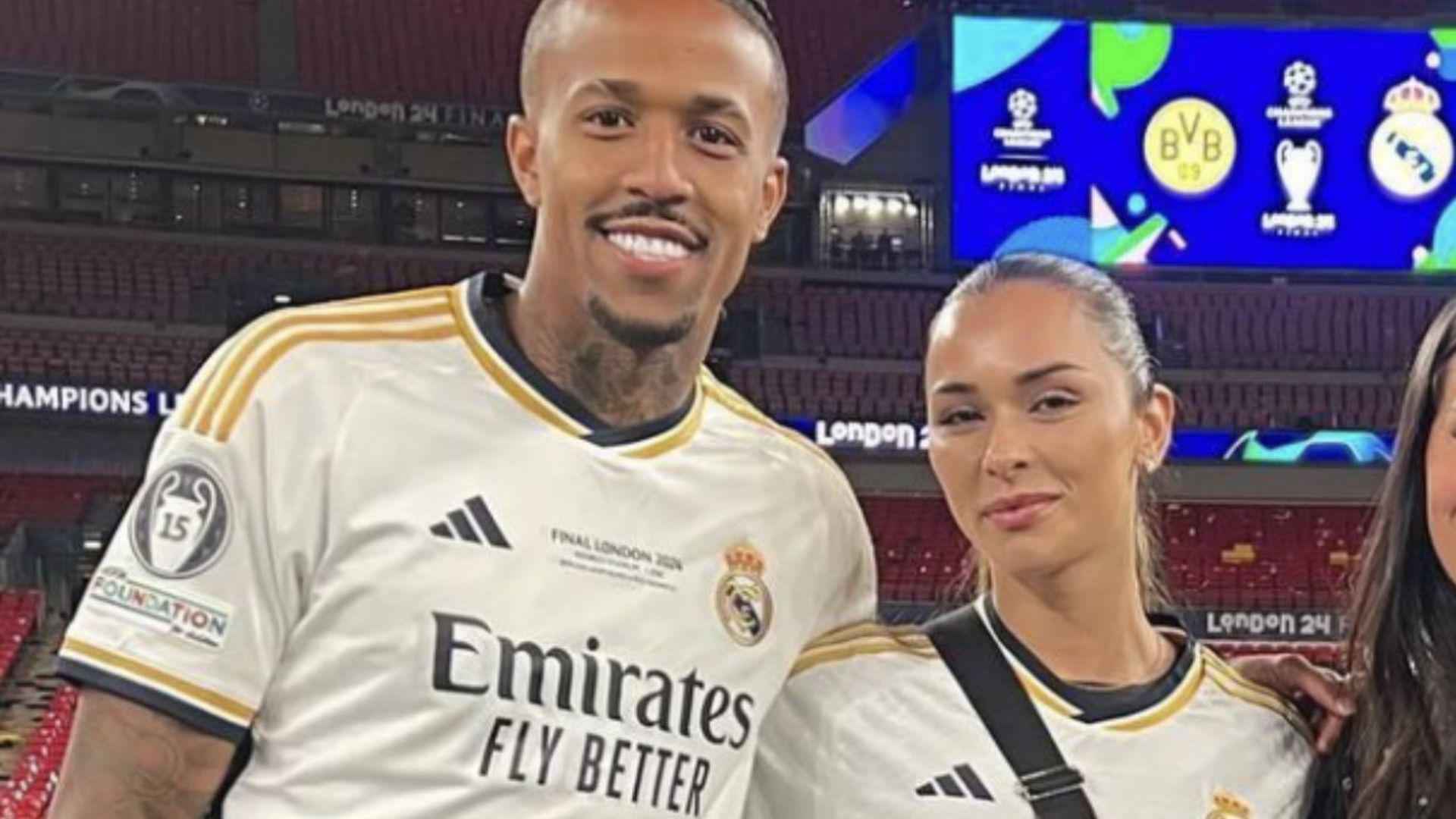 Éder Militão e Tainá Castro comemoram título da Champions League lado a lado