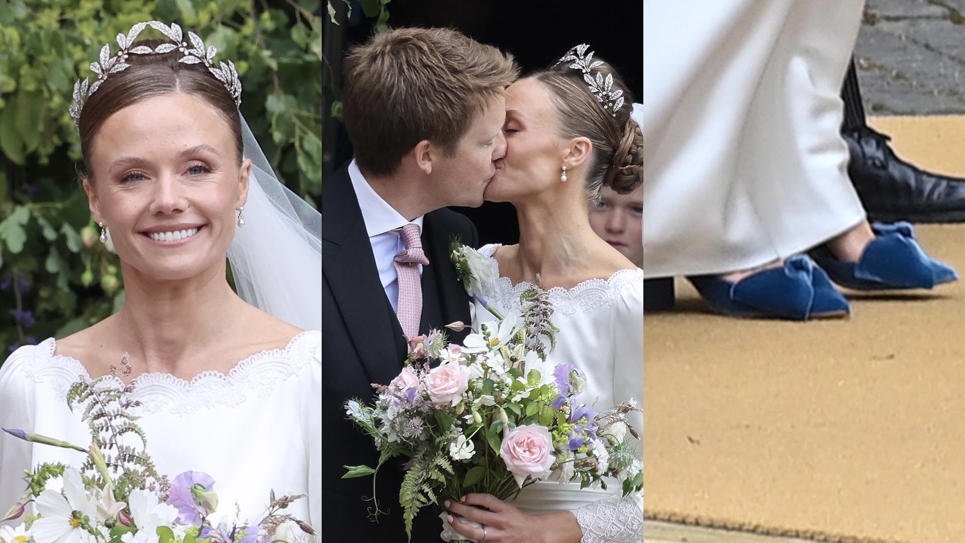 Noiva de Hugh Grosvenor usa vestido clássico e inova com sapato azul
