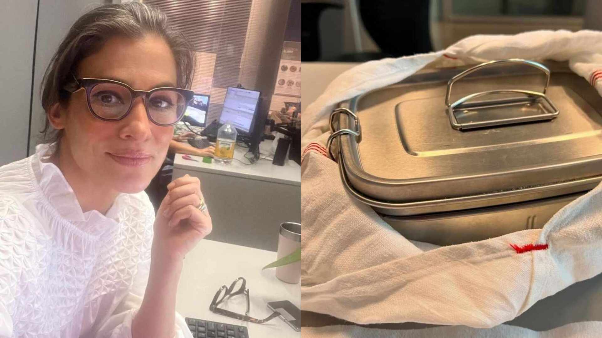 Renata Vasconcellos causa com sua marmita na redação do Jornal Nacional