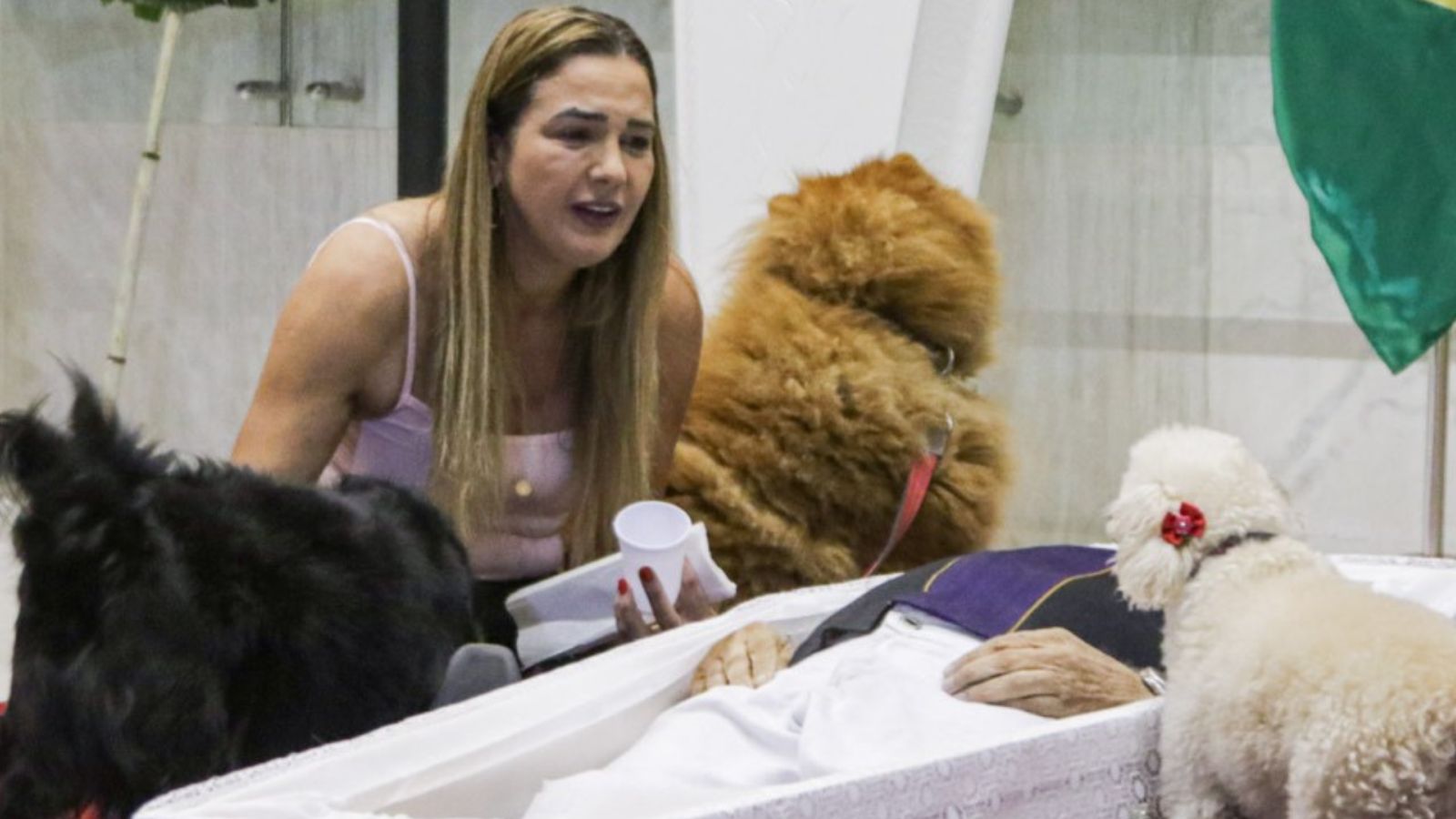 Ex-esposa e cães prestam última homenagem a Nahim em velório com caixão no chão