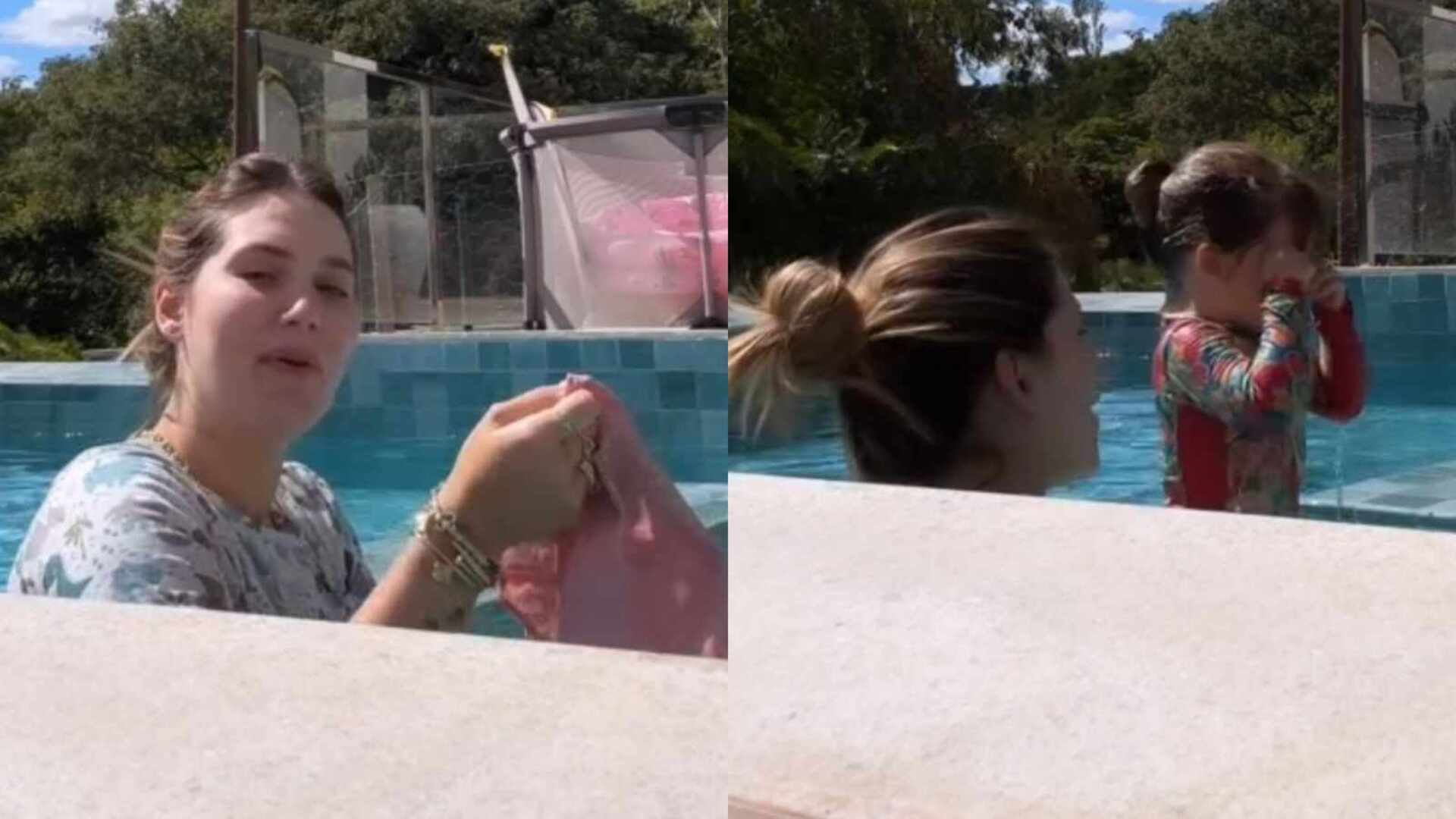 Virginia se diverte ao ver tombo da filha na piscina: ‘Prestar atenção’