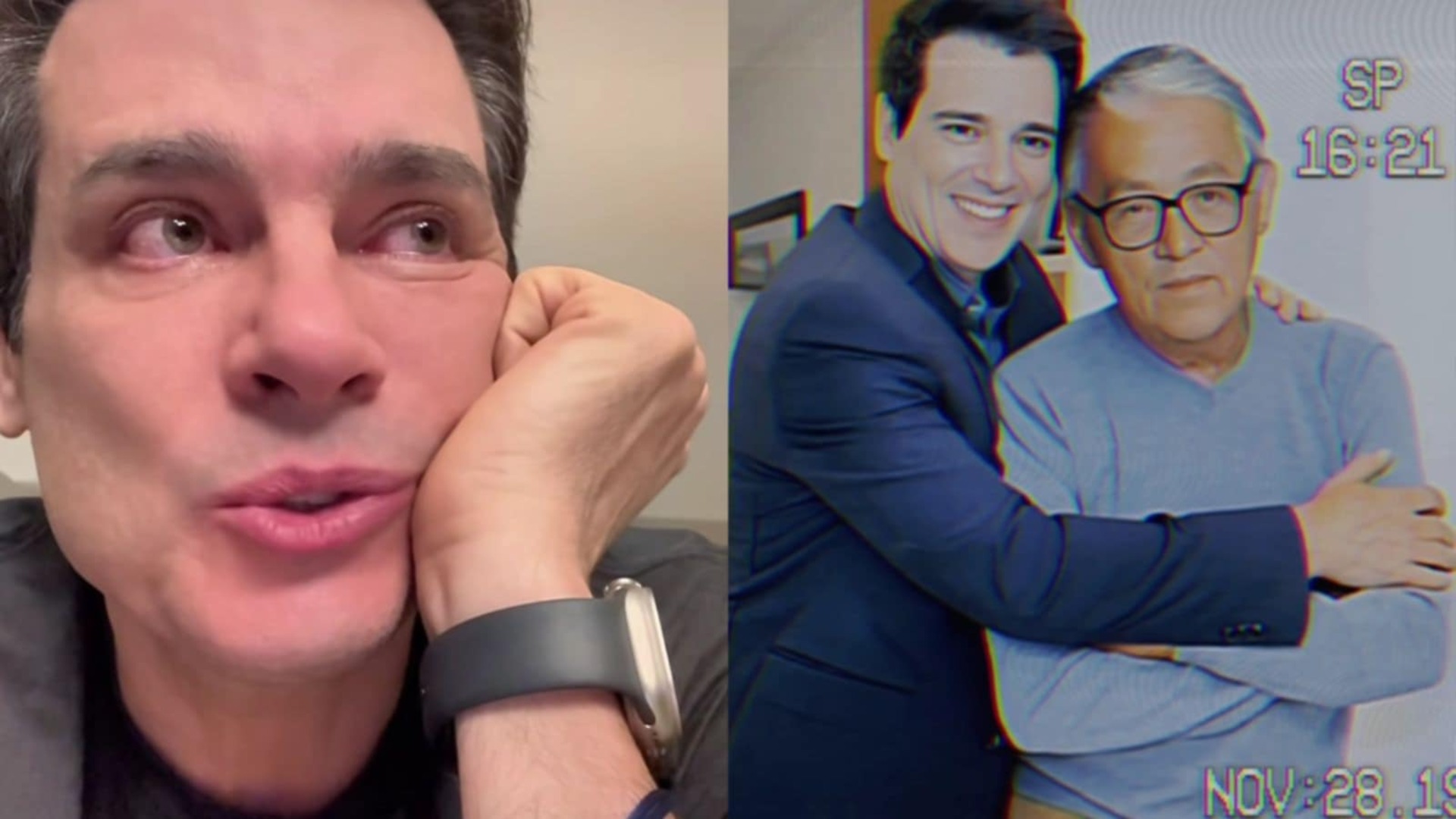 Celso Portiolli chora ao reviver momento com o pai com ajuda da tecnologia