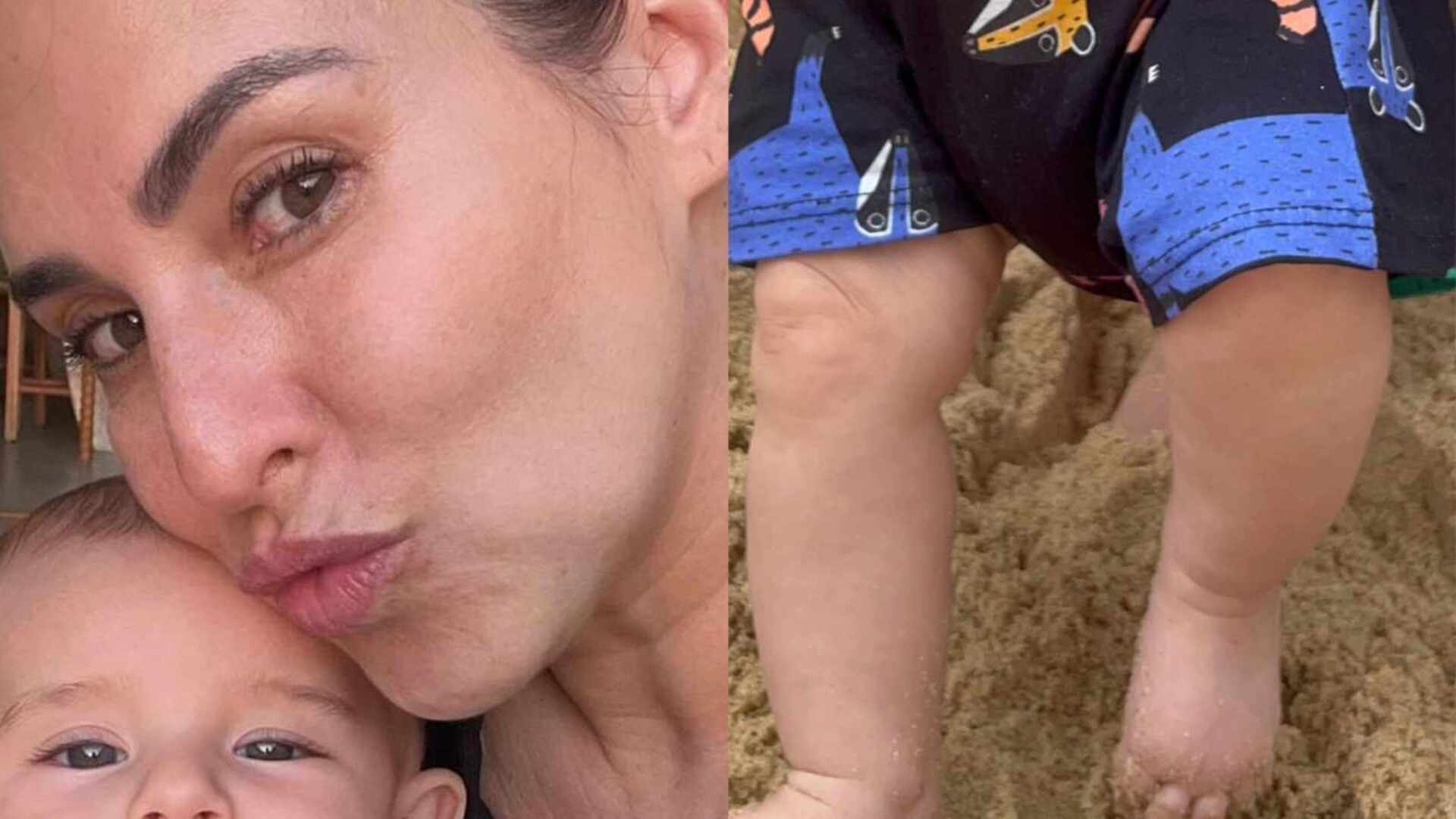 Filha de Fernanda Paes Leme pisa pela primeira vez na areia