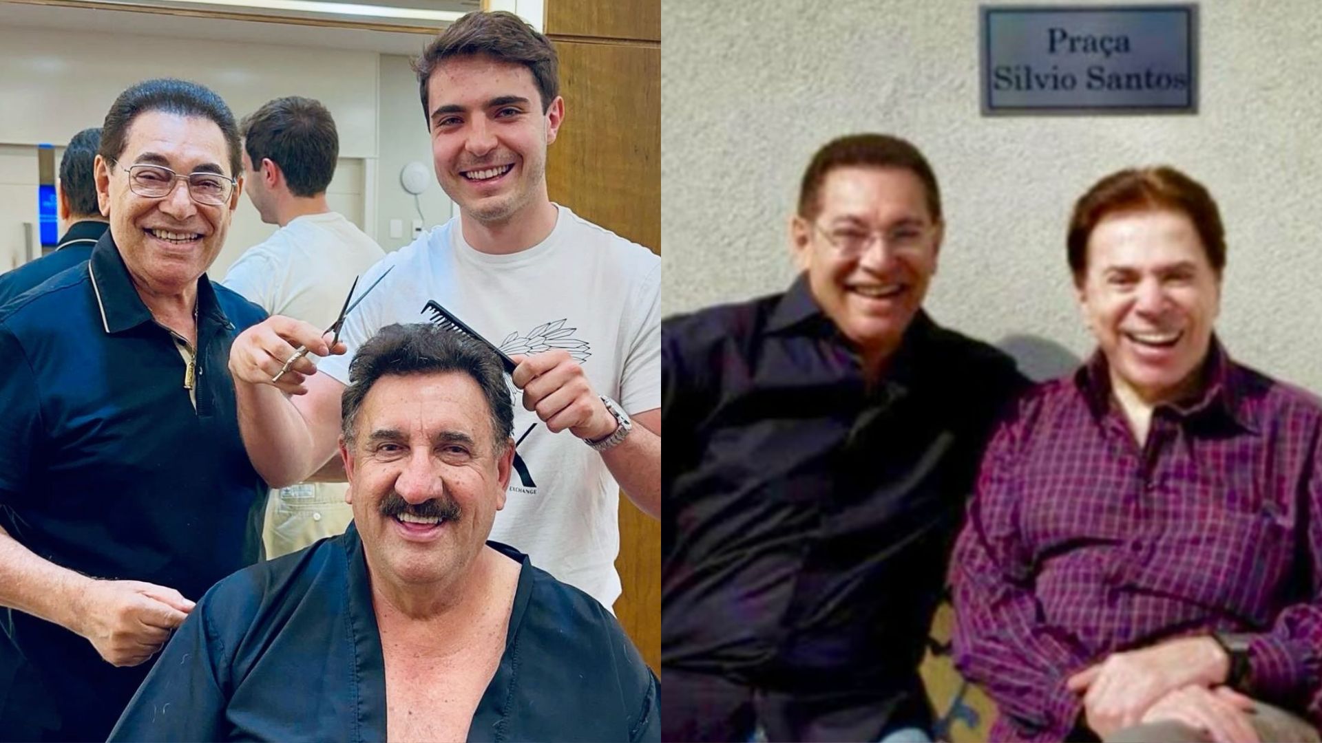 Filho do Gugu brinca com Ratinho em salão de Jassa, cabeleireiro de Silvio Santos