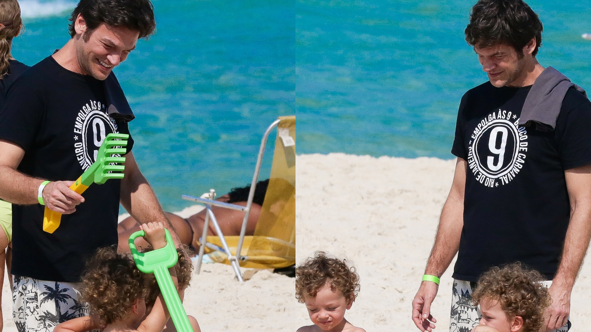 Emílio Dantas curte o dia de sol com os filhos gêmeos na praia