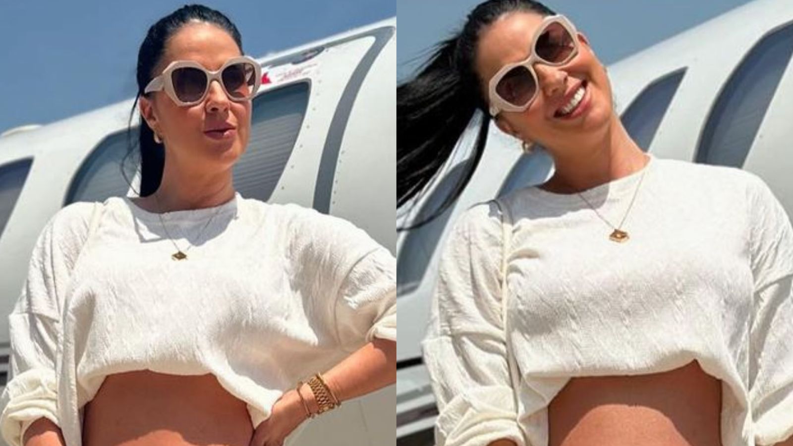 Grávida, Graciele Lacerda exibe a barriguinha com look básico para viajar