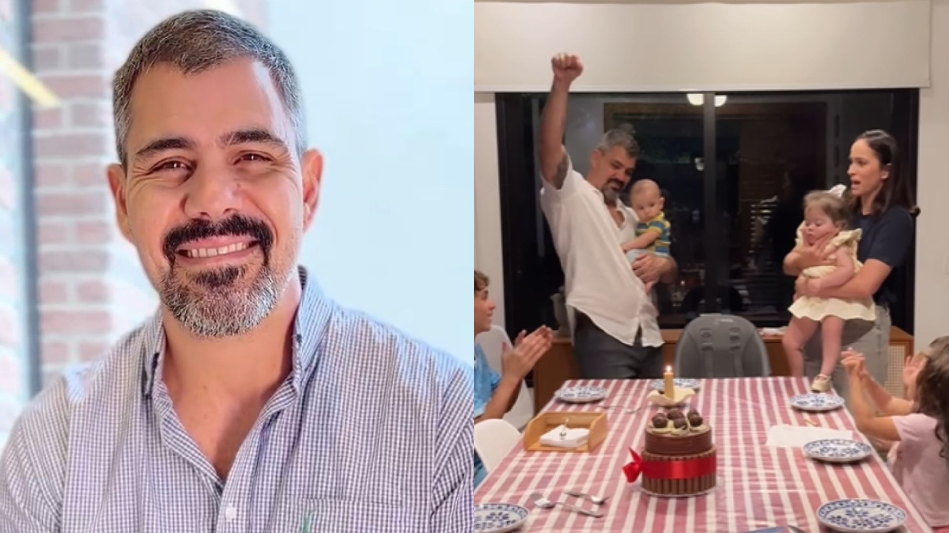 Juliano Cazarré comemora 44 anos em festinha com a esposa e os filhos