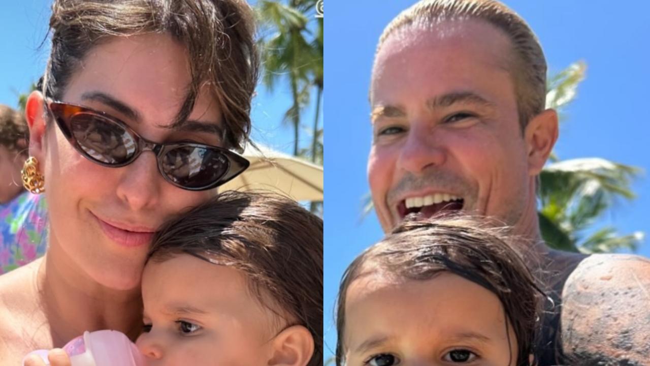 Fernanda Paes Leme e Paulinho Vilhena aproveitam praia com as filhas na Bahia