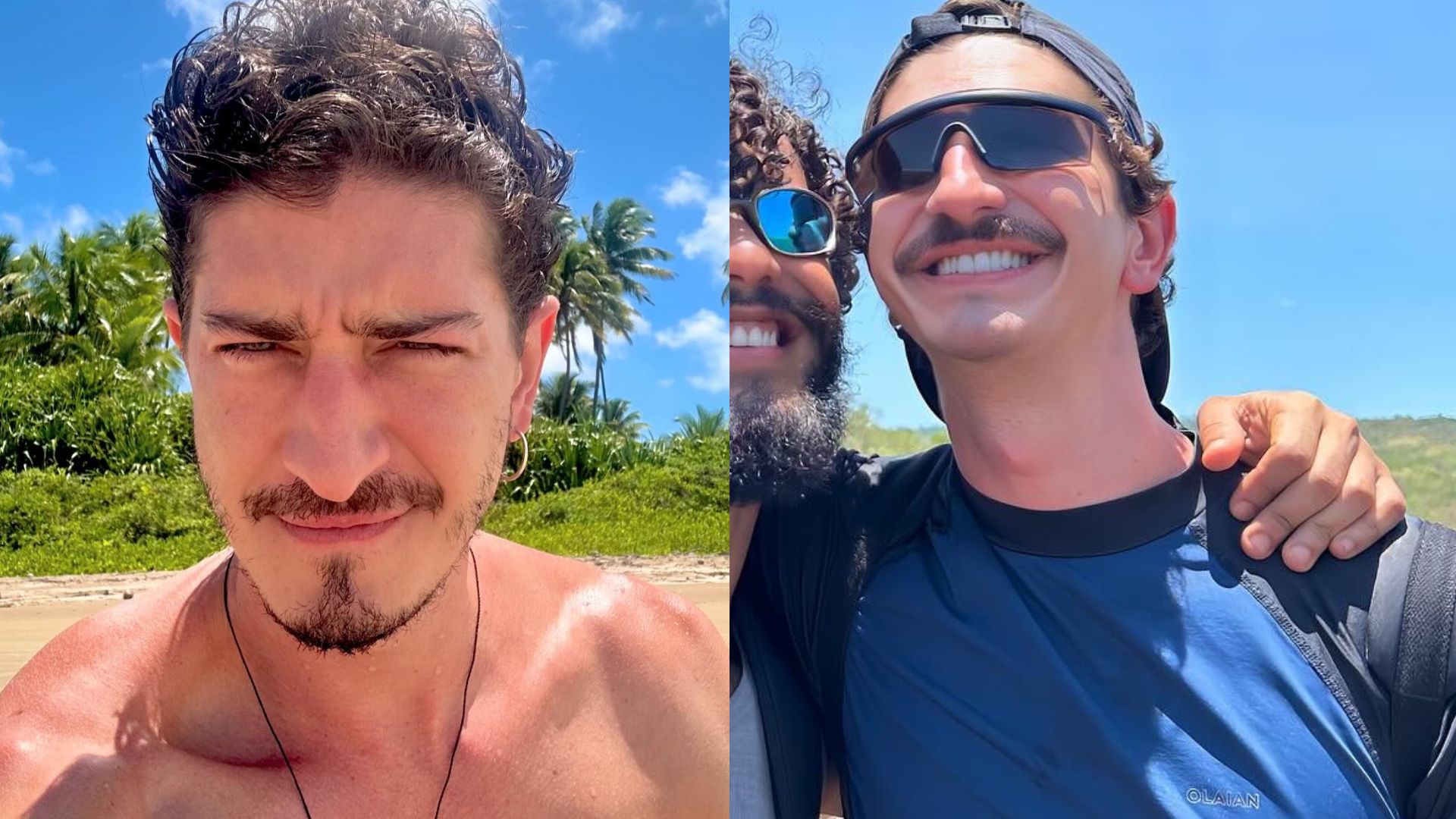 Johnny Massaro posa ao lado do novo namorado durante viagem à Bahia