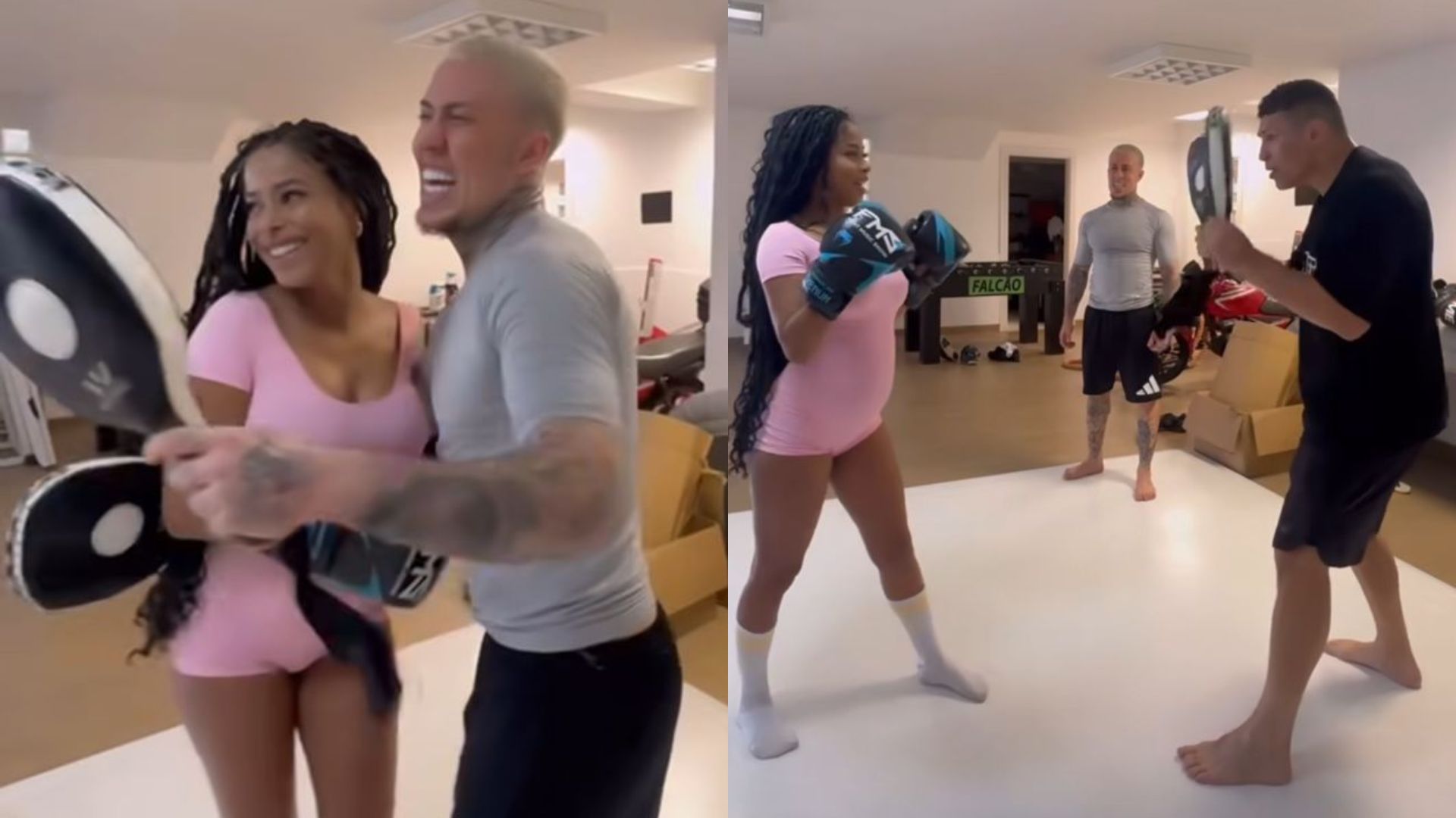 Grávida do primeiro filho, Lorena Maria se diverte ao treinar boxe pela primeira vez