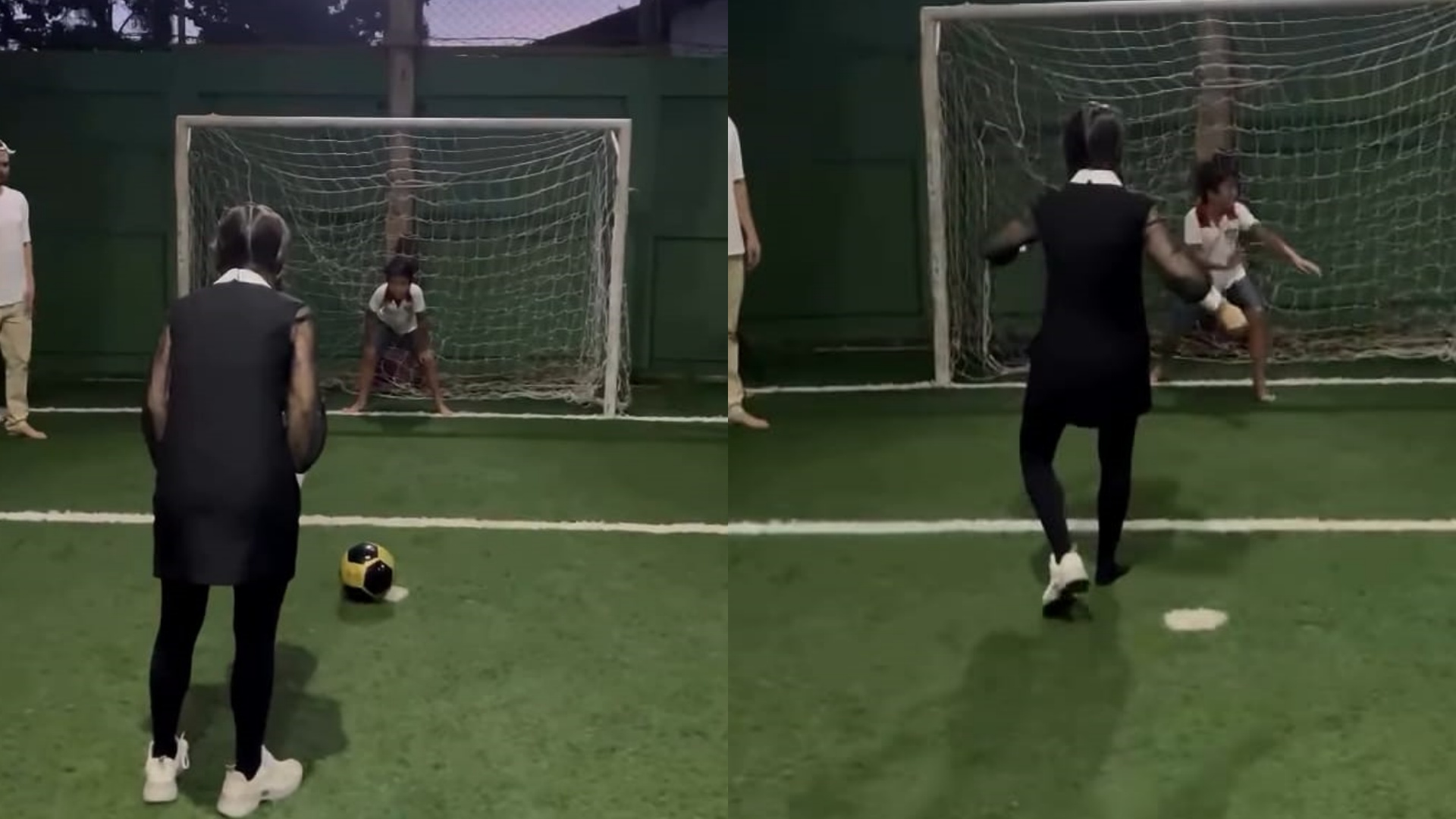 Tata Werneck perde tênis ao jogar bola em festa de aniversário da filha