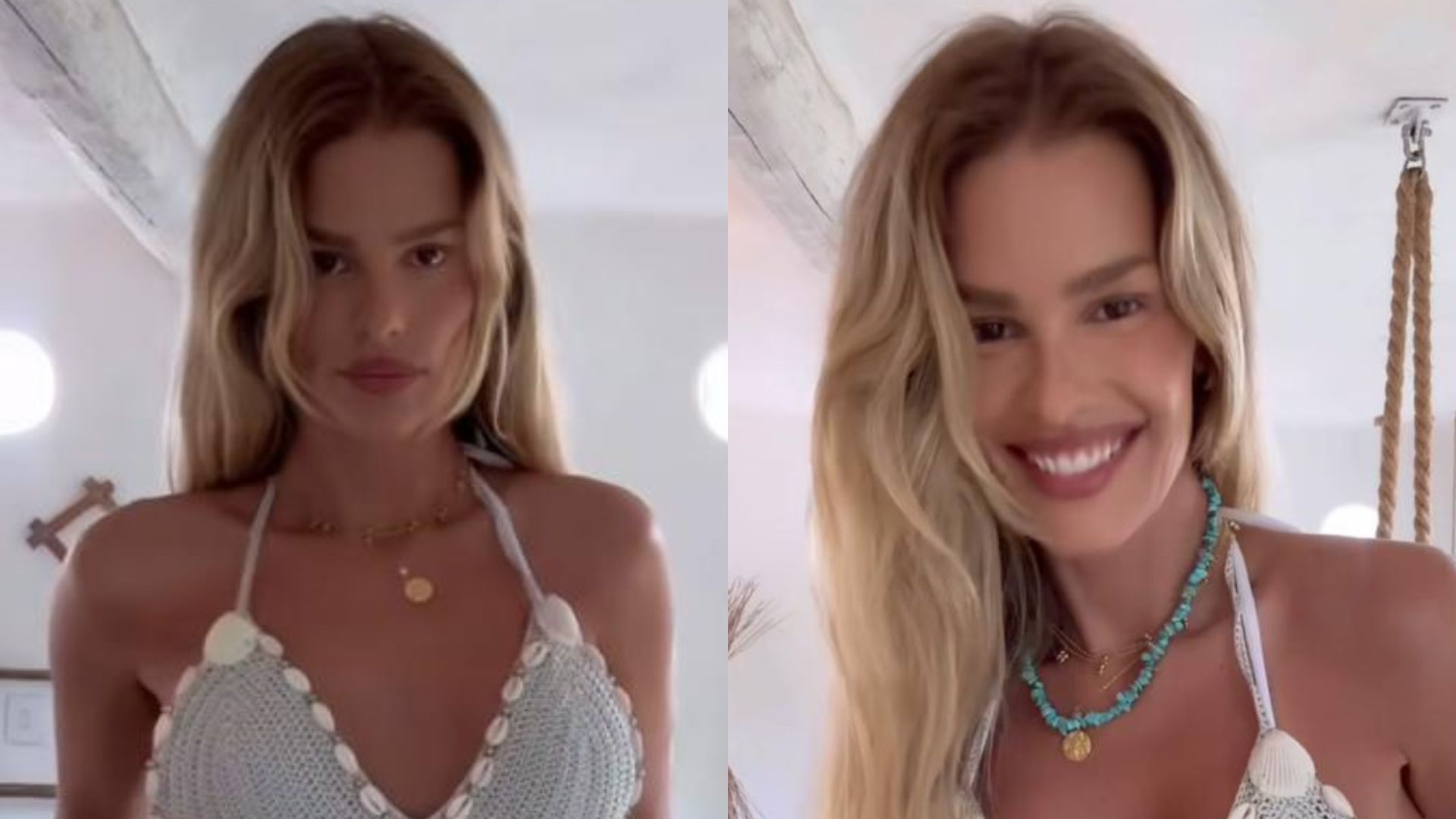 Yasmin Brunet arranca suspiros ao posar com look de crochê para dia na praia