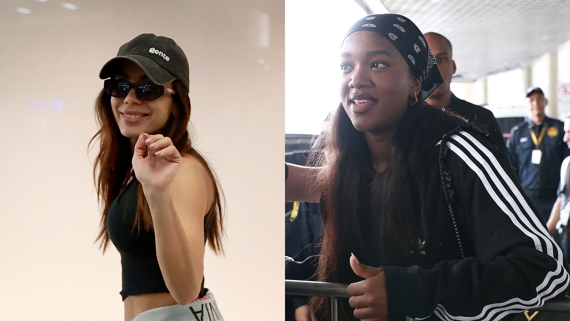Anitta e Iza esbanjam simpatia ao desembarcarem no Brasil