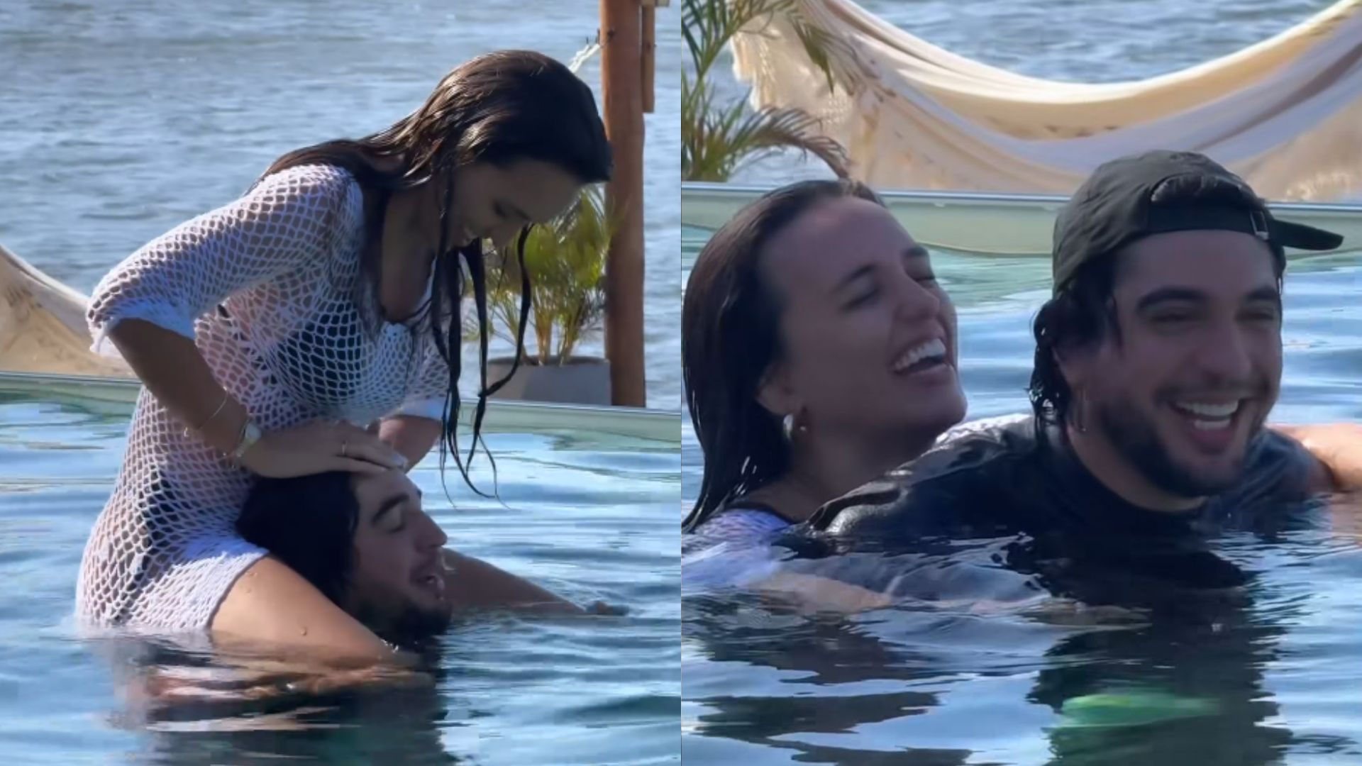 Rafa Kalimann e Nattan curtem dia na piscina lado a lado