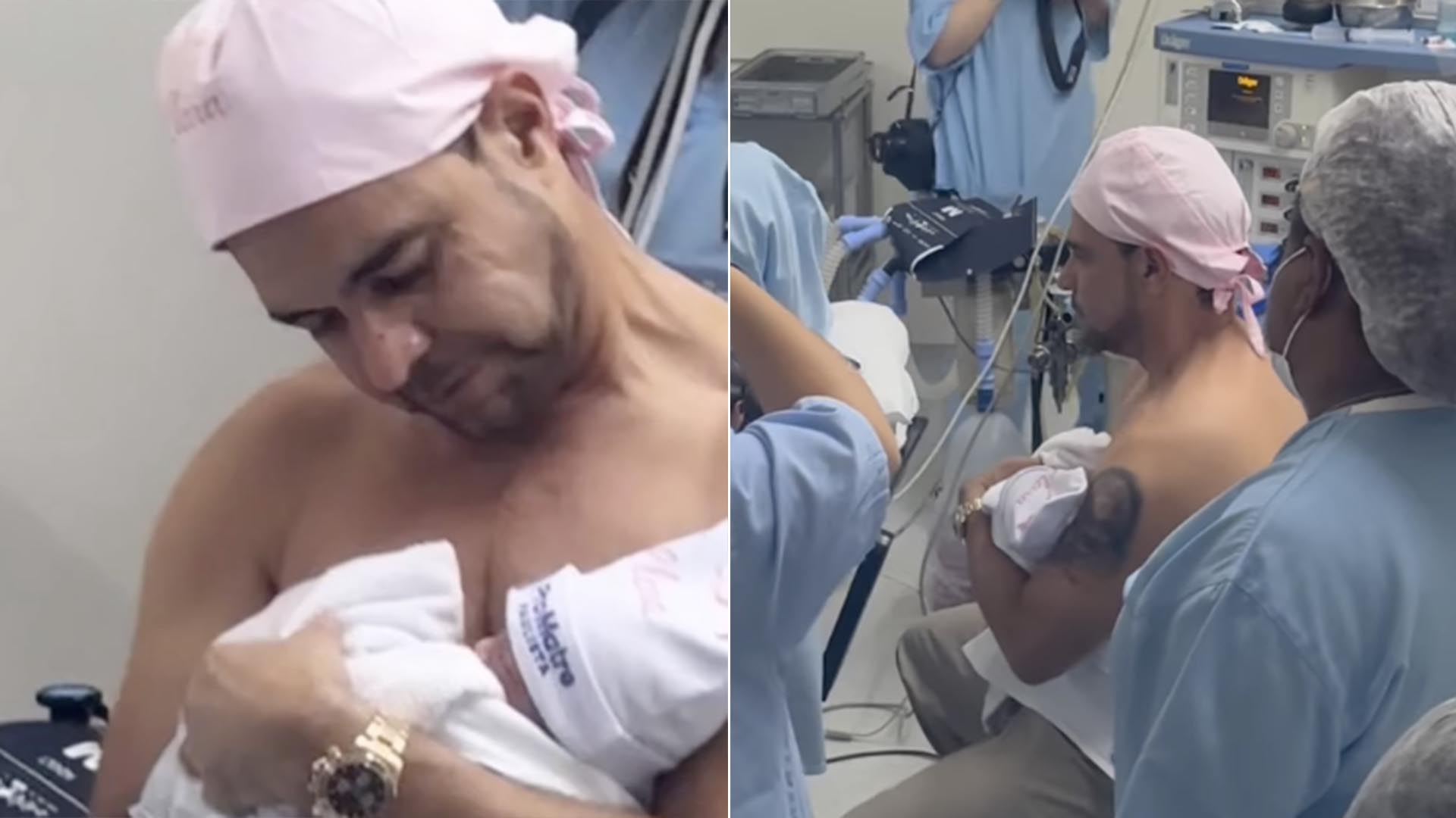 Zezé Di Camargo é flagrado com a filha recém-nascida no colo na maternidade