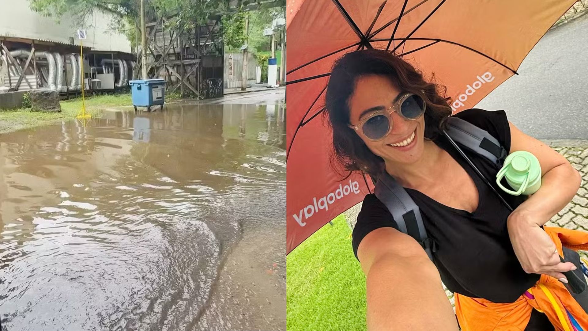 Debaixo de chuva, Carol Castro enfrenta alagamento para chegar à Globo