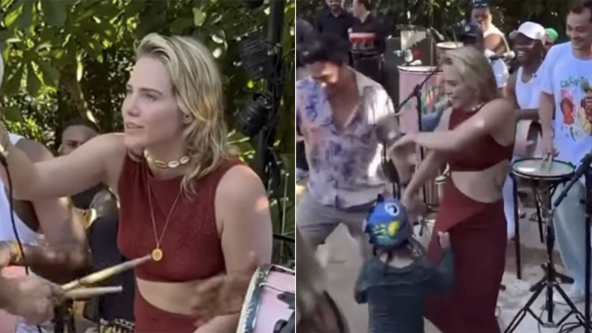 Leticia Colin rouba a cena com dança em festa e o filho tenta segurá-la