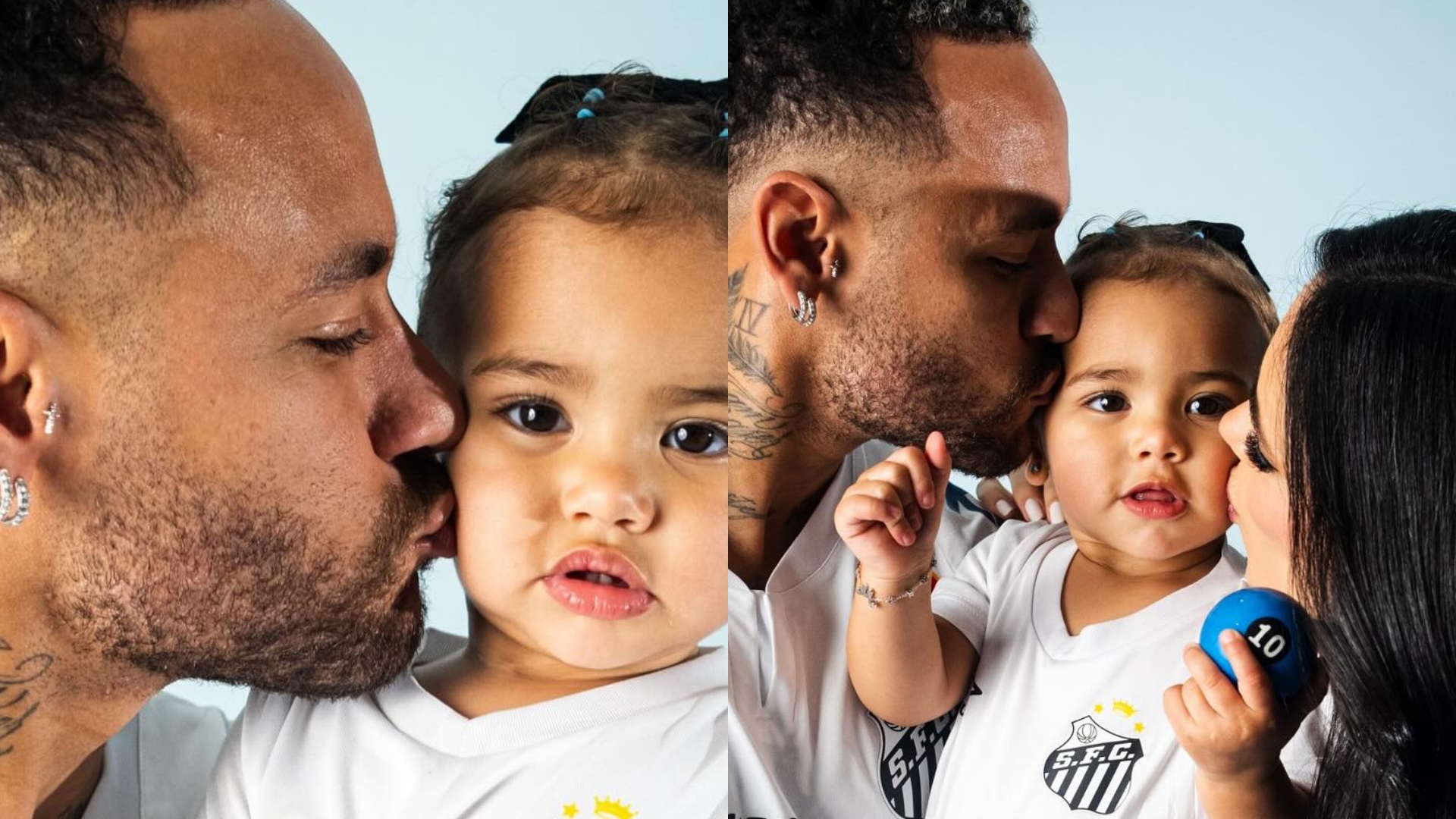 Mavie rouba a cena em fotos oficiais de Neymar com a camisa do Santos