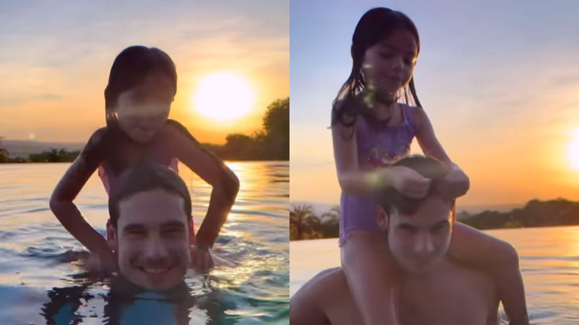 Sabrina Sato admira brincadeira de Nicolas Prattes e Zoe na piscina