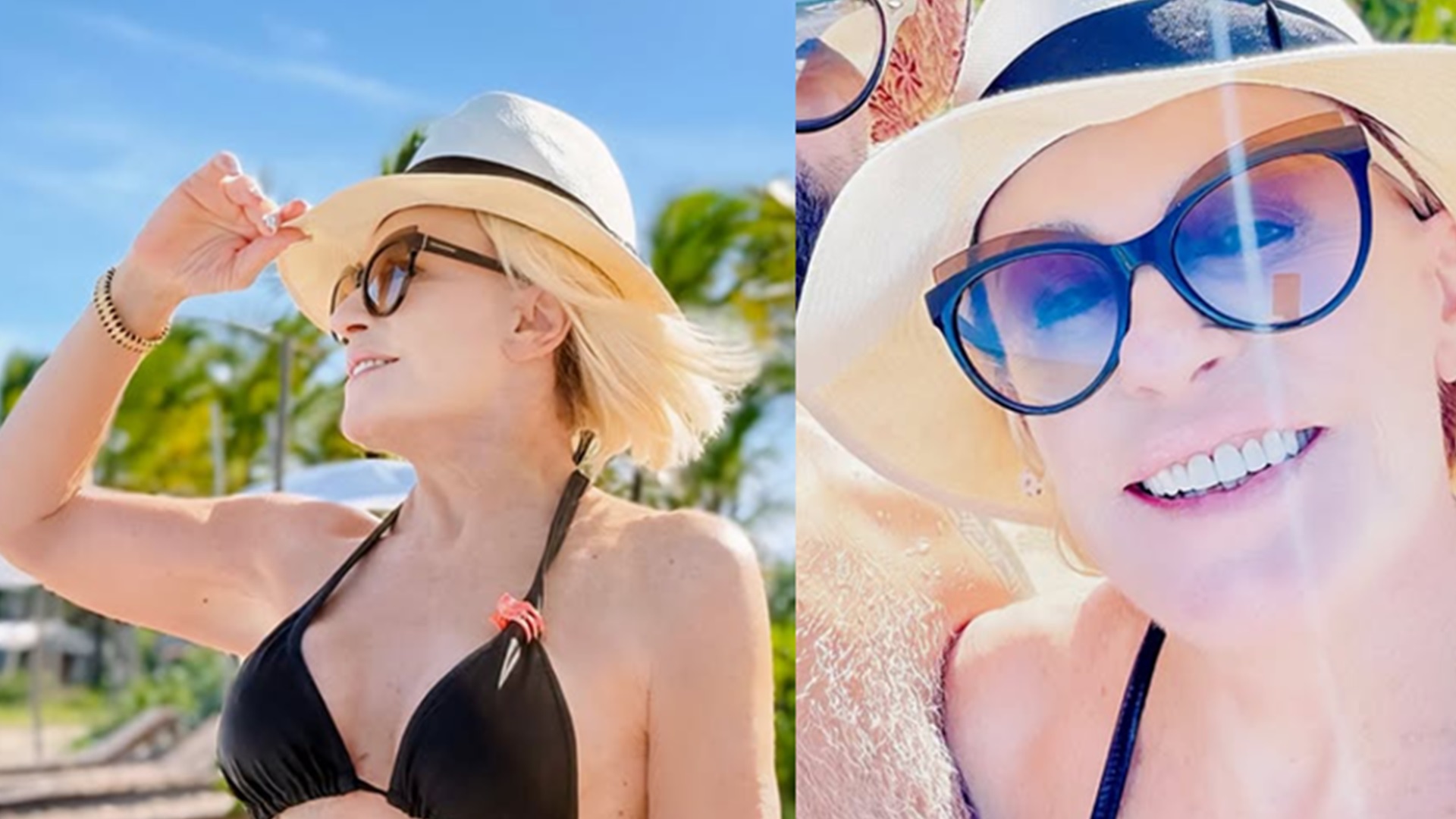 De biquíni, Ana Maria Braga surge abraçada com o namorado em dia de praia