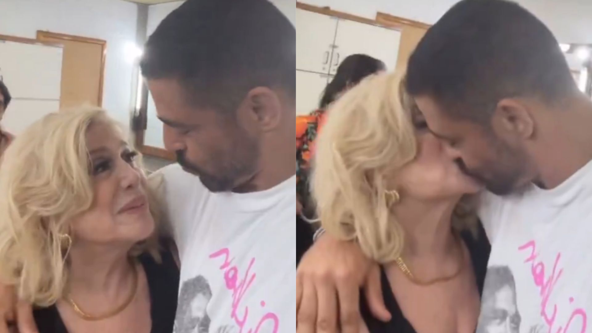 Cauã Reymond e Susana Vieira se beijam durante bastidores de gravação