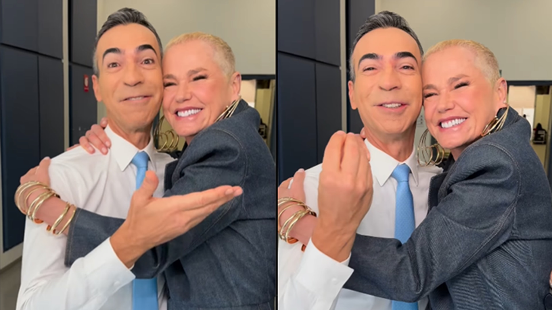 César Tralli se surpreende ao encontrar Xuxa nos bastidores da Globo: ‘Do nada’