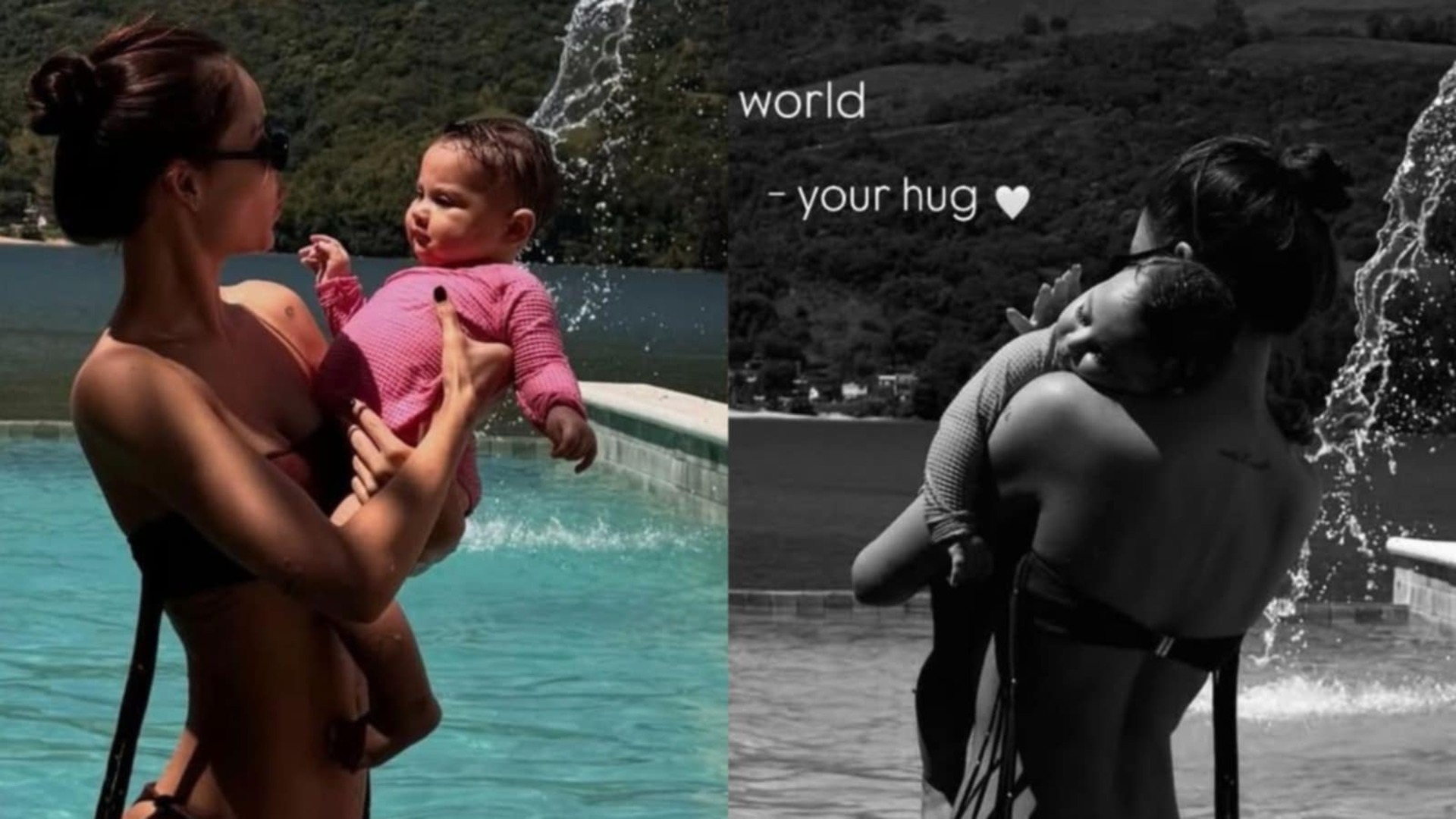 Mãe da terceira filha de Neymar exibe momentos fofos com a bebê na piscina