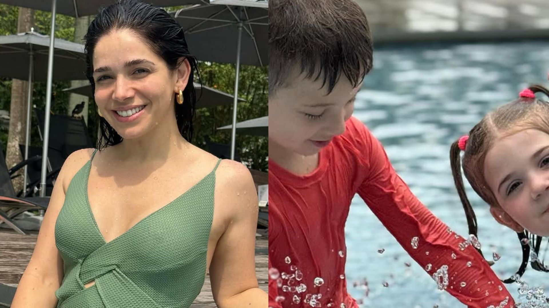 Sabrina Petraglia curte o dia na piscina com os filhos durante viagem
