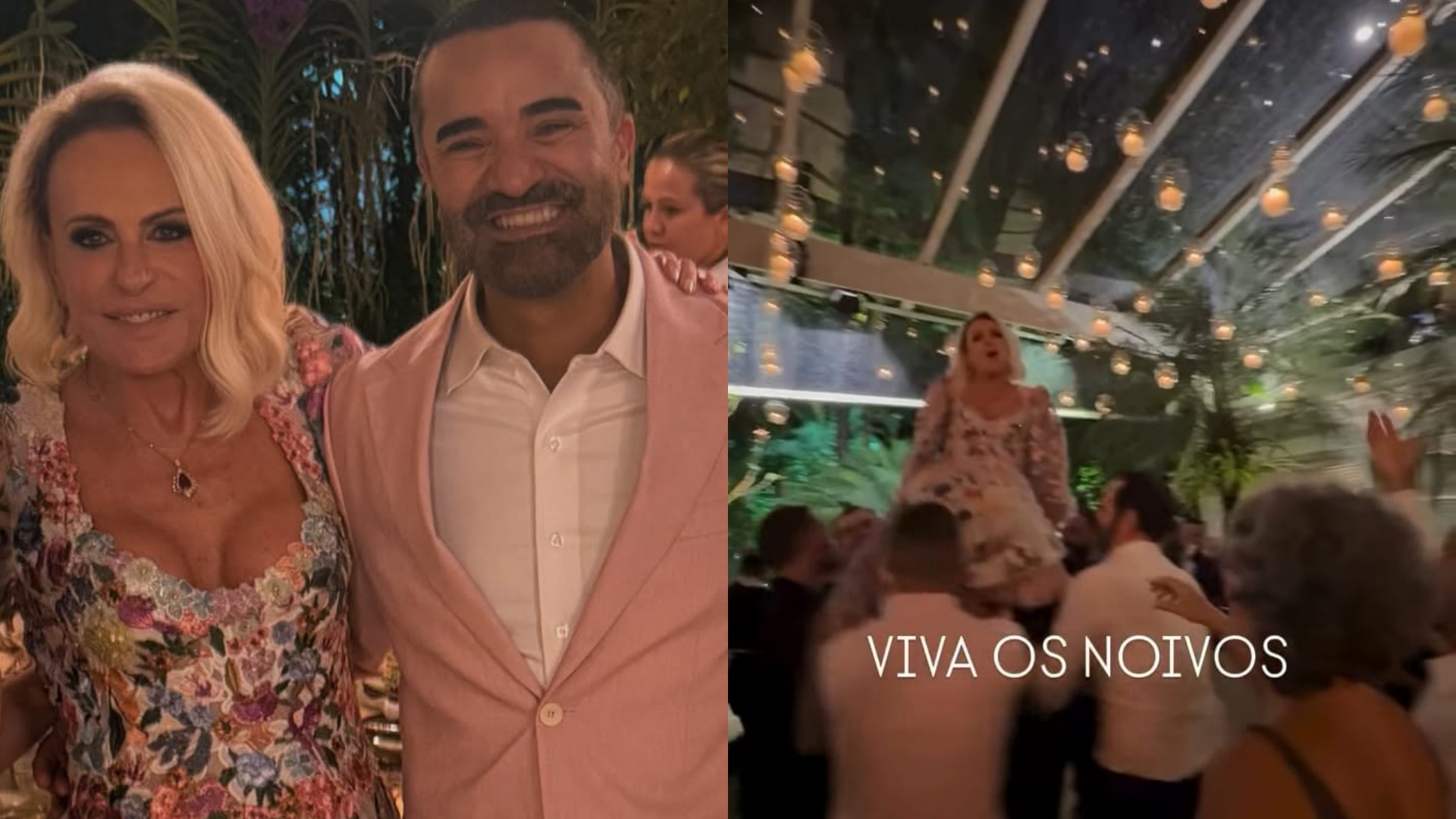 Ana Maria Braga é carregada por convidados em festa de casamento